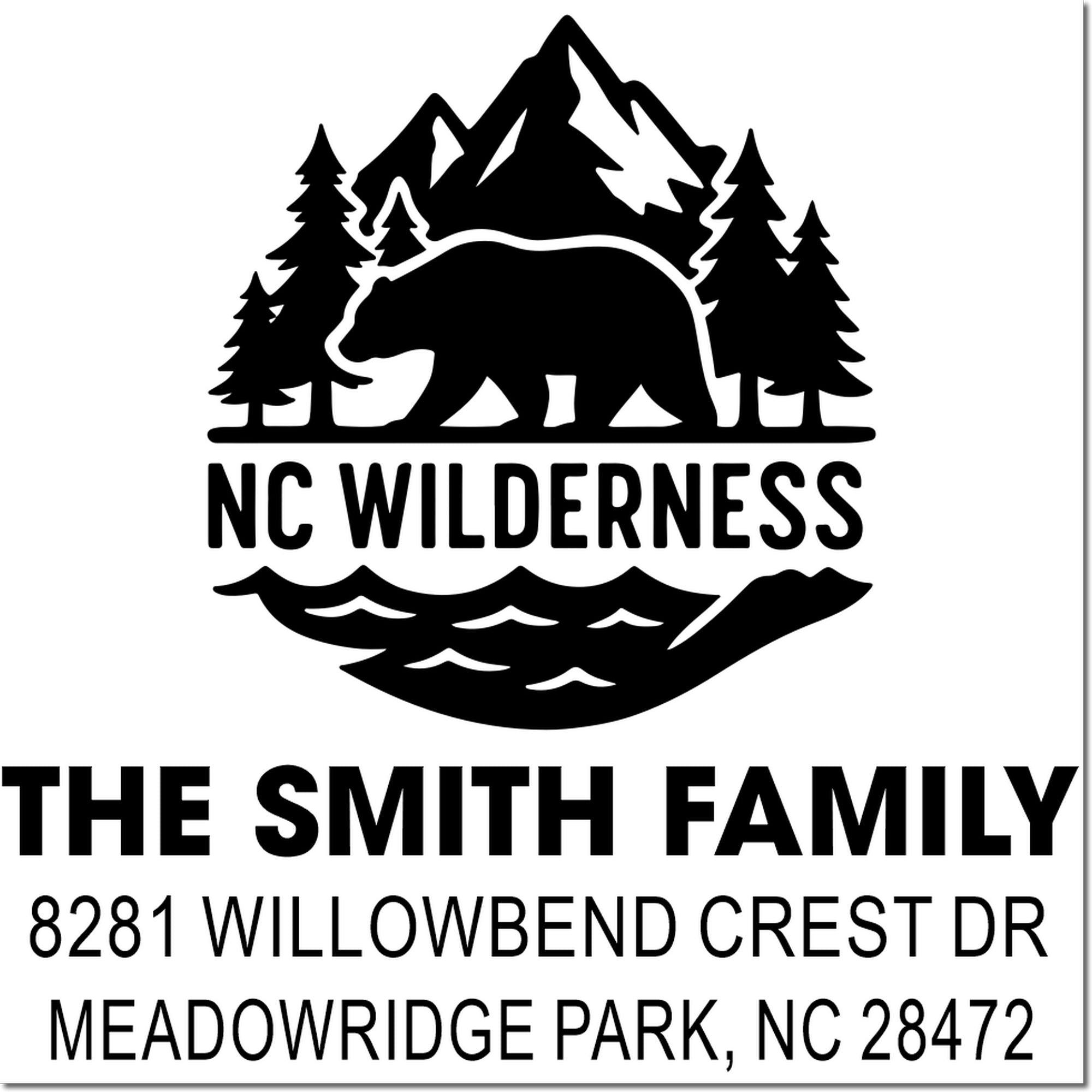 Custom NC Wilderness bear mountain address rubber stamp for The Smith Family, 8281 Willowbend Crest Dr, Meadowridge Park, NC 28472