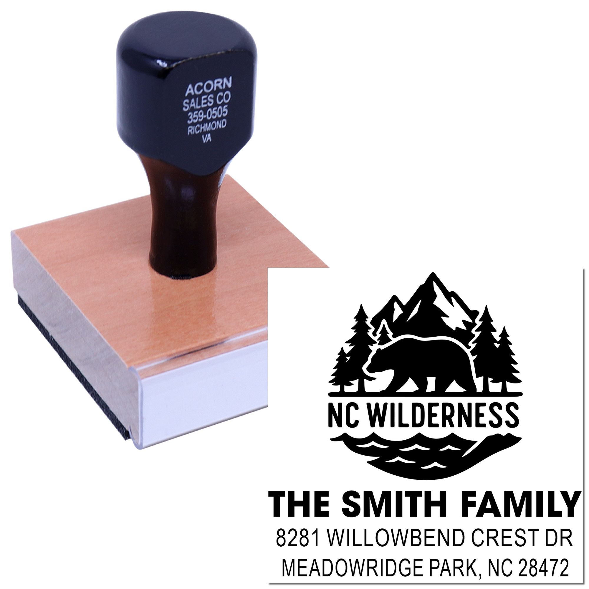 Custom rubber stamp with bear wilderness return address design for The Smith Family, featuring address imprint for personalized mailing.