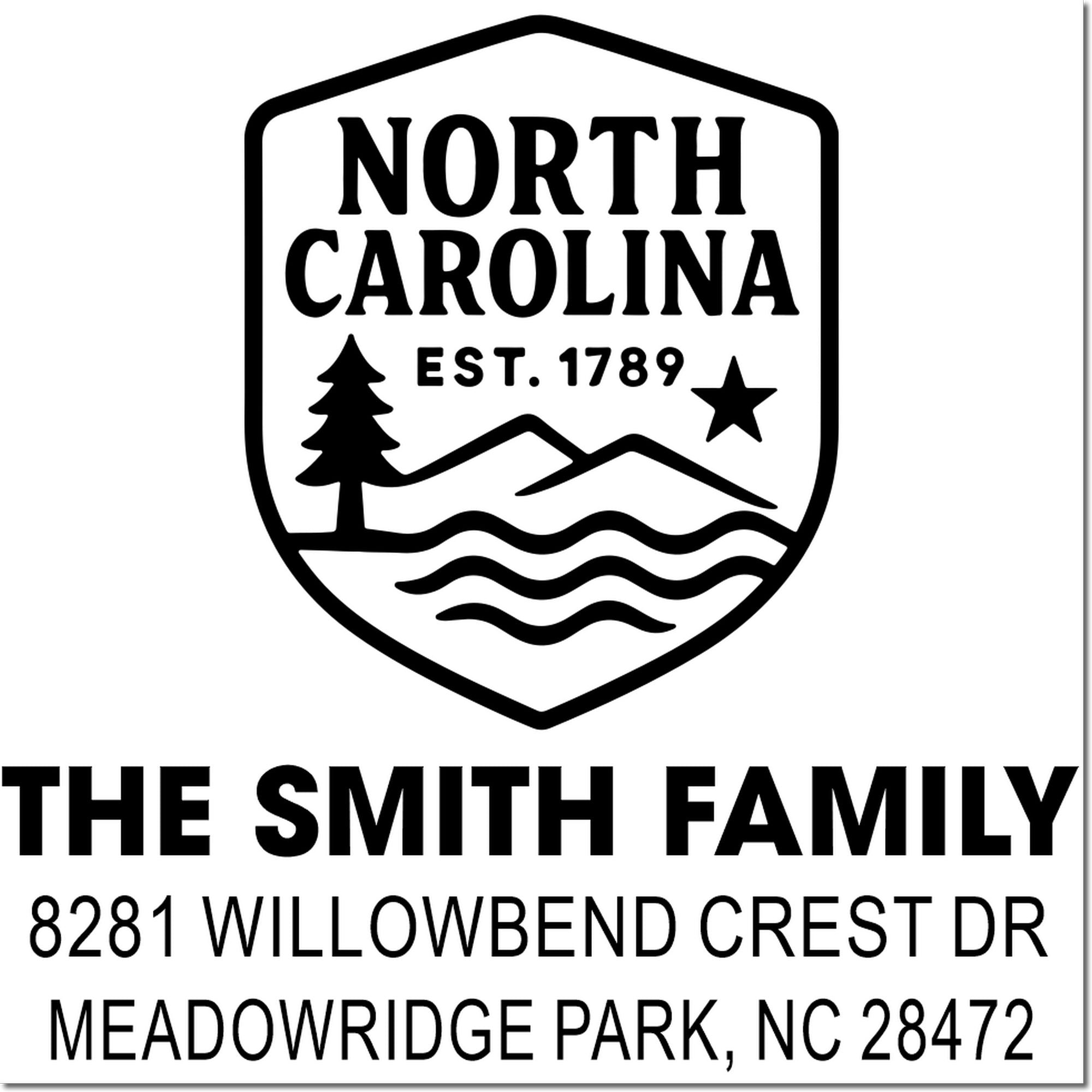 Custom North Carolina return address rubber stamp for The Smith Family, 8281 Willowbend Crest Dr, Meadowridge Park, NC 28472