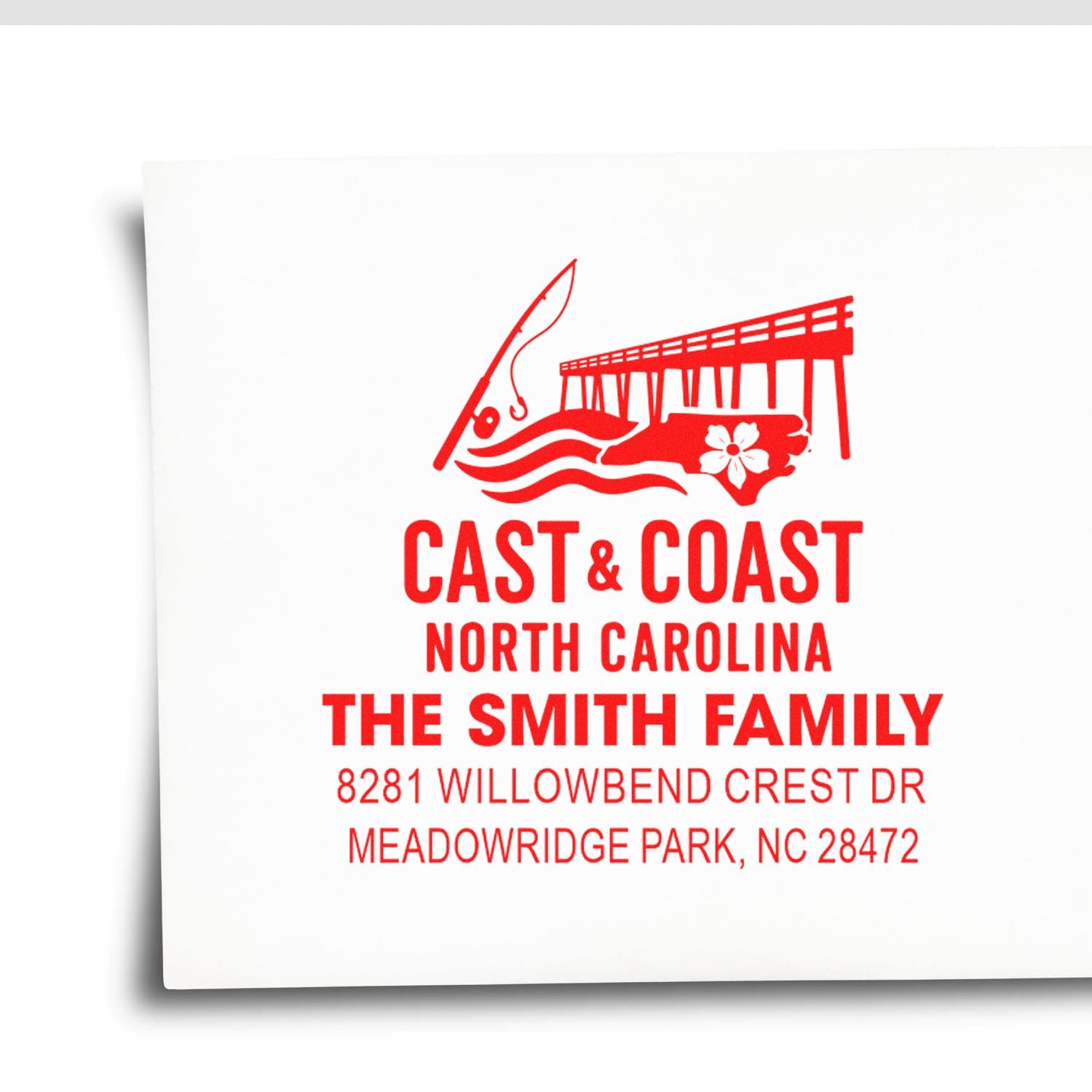 Personalized return address rubber stamp with Cast & Coast North Carolina design for The Smith Family.