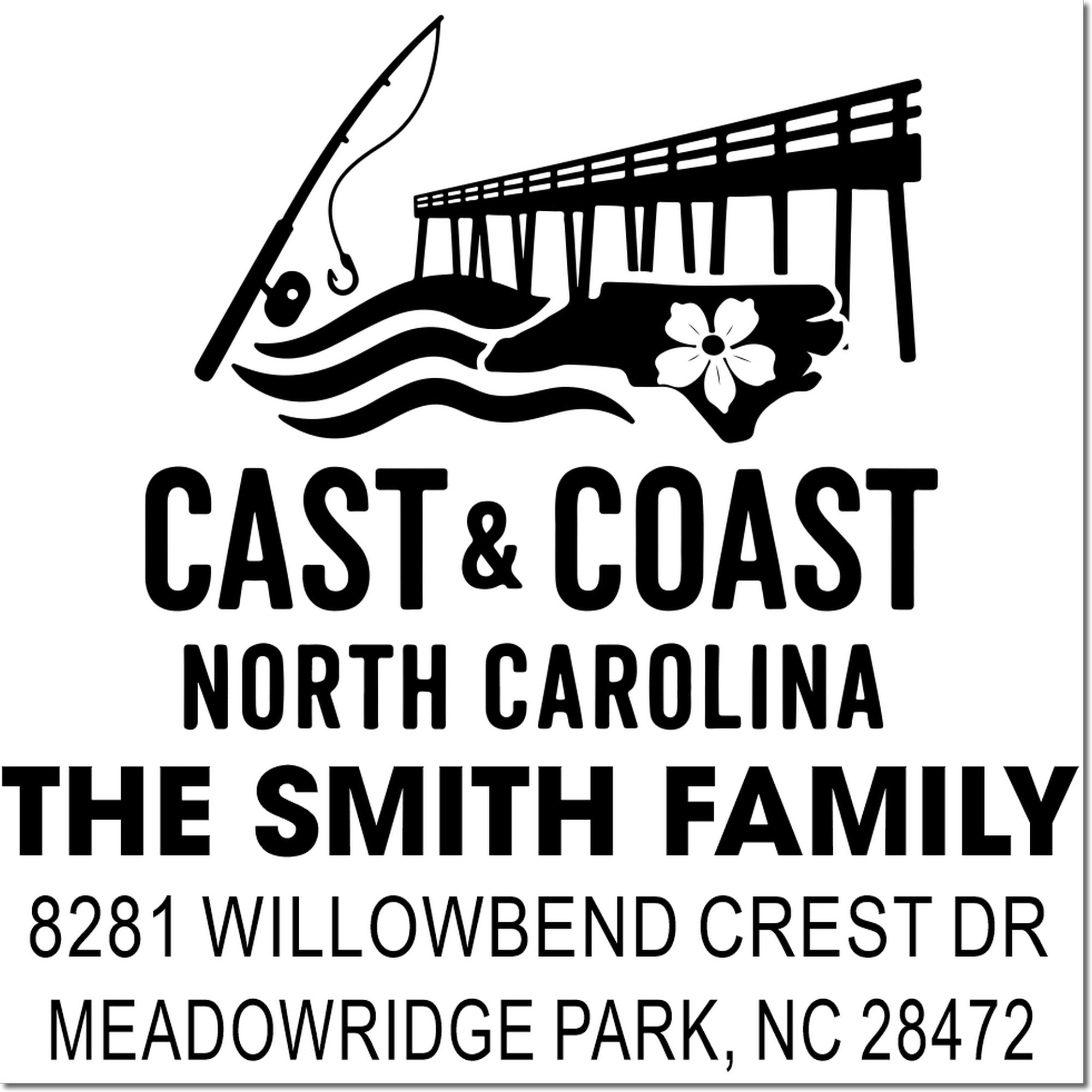 Personalized North Carolina Cast & Coast rubber stamp for The Smith Family, with fishing pier graphic and return address.