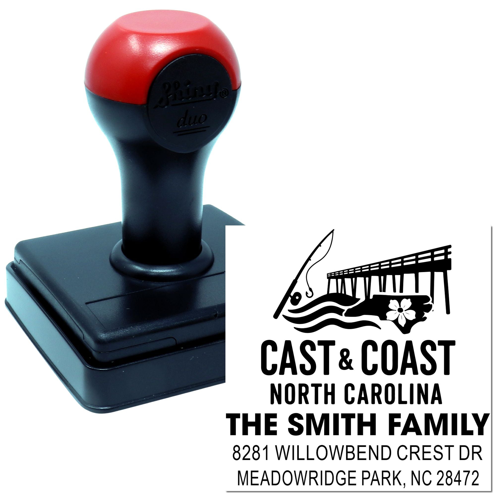 Personalized return address rubber stamp for The Smith Family, Cast & Coast North Carolina coastal design.