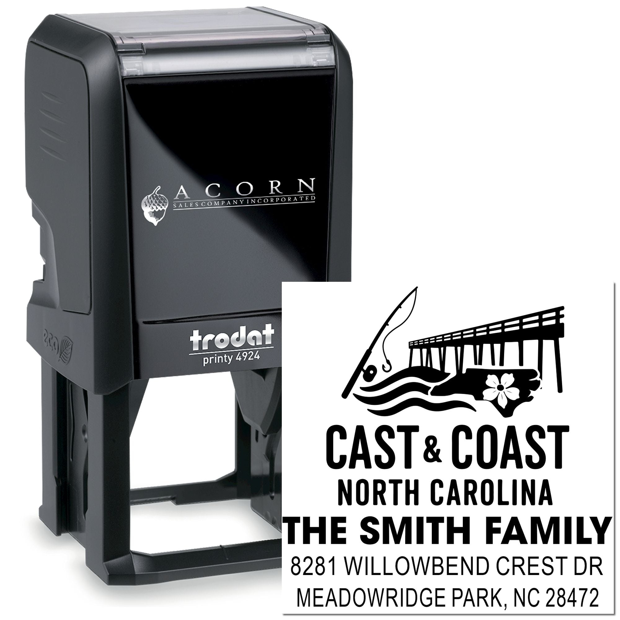 Custom self-inking rubber address stamp with coastal North Carolina family return address design.