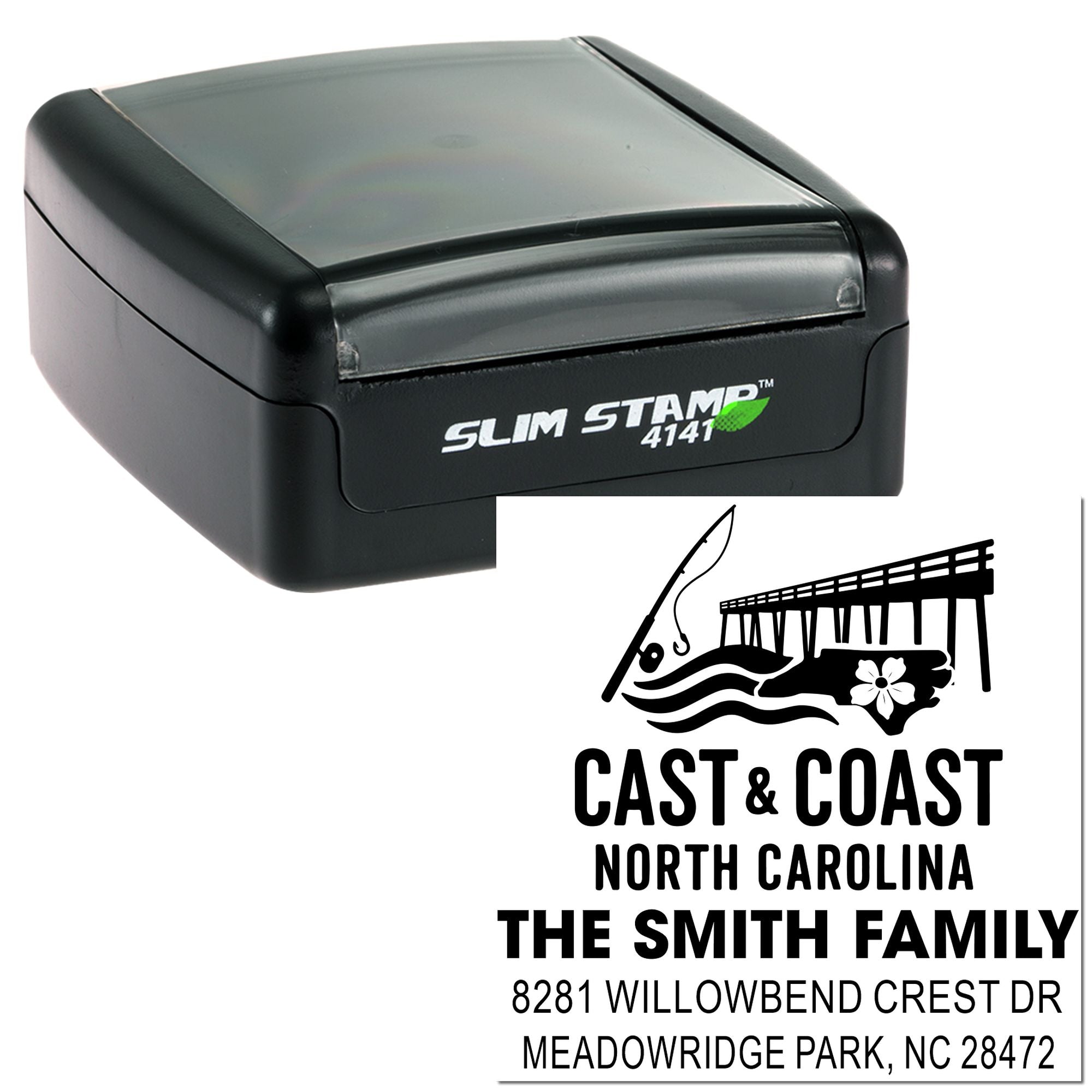 Slim self-inking custom return address rubber stamp for The Smith Family, North Carolina, with coastal logo.