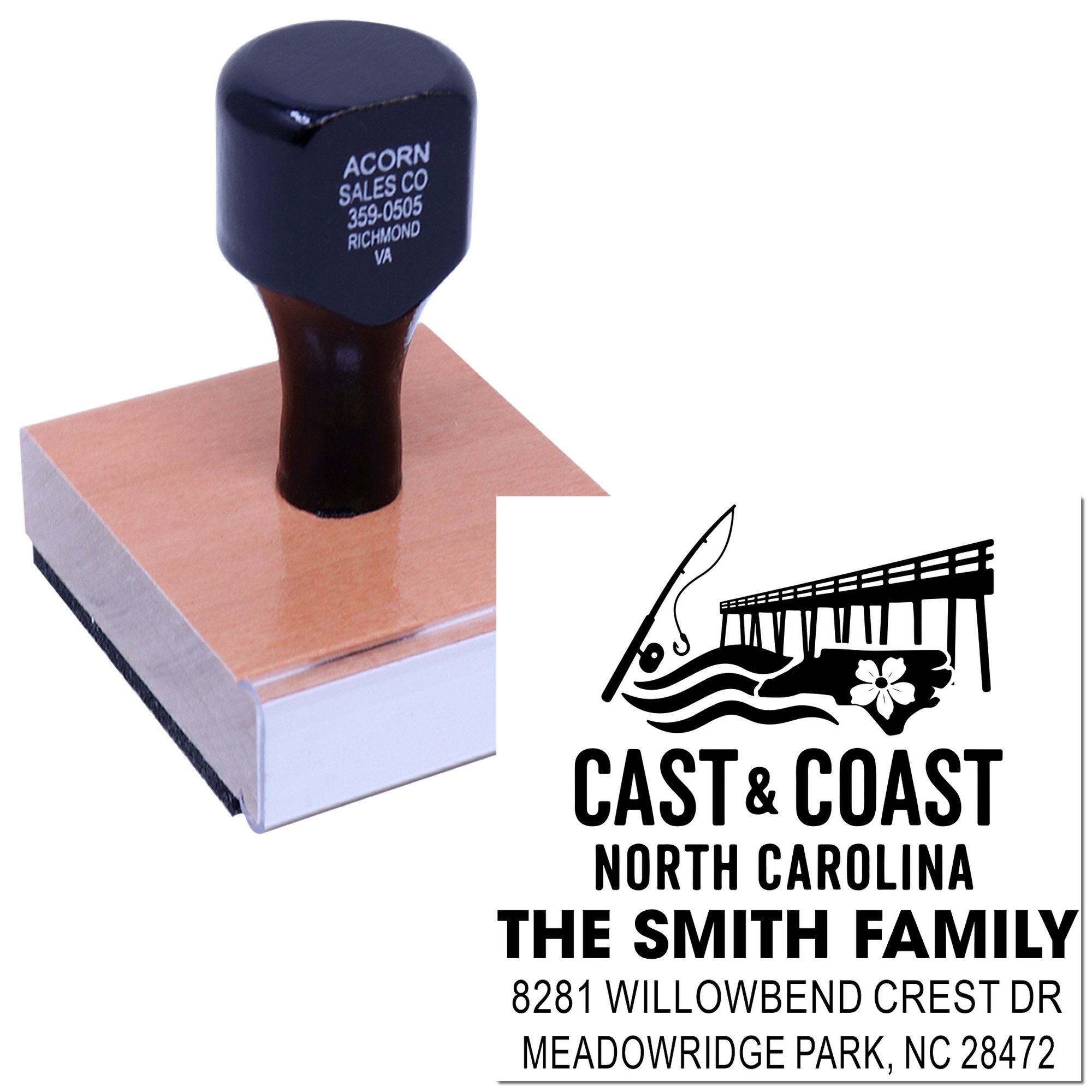 Custom return address rubber stamp with coastal North Carolina family design and address imprint.