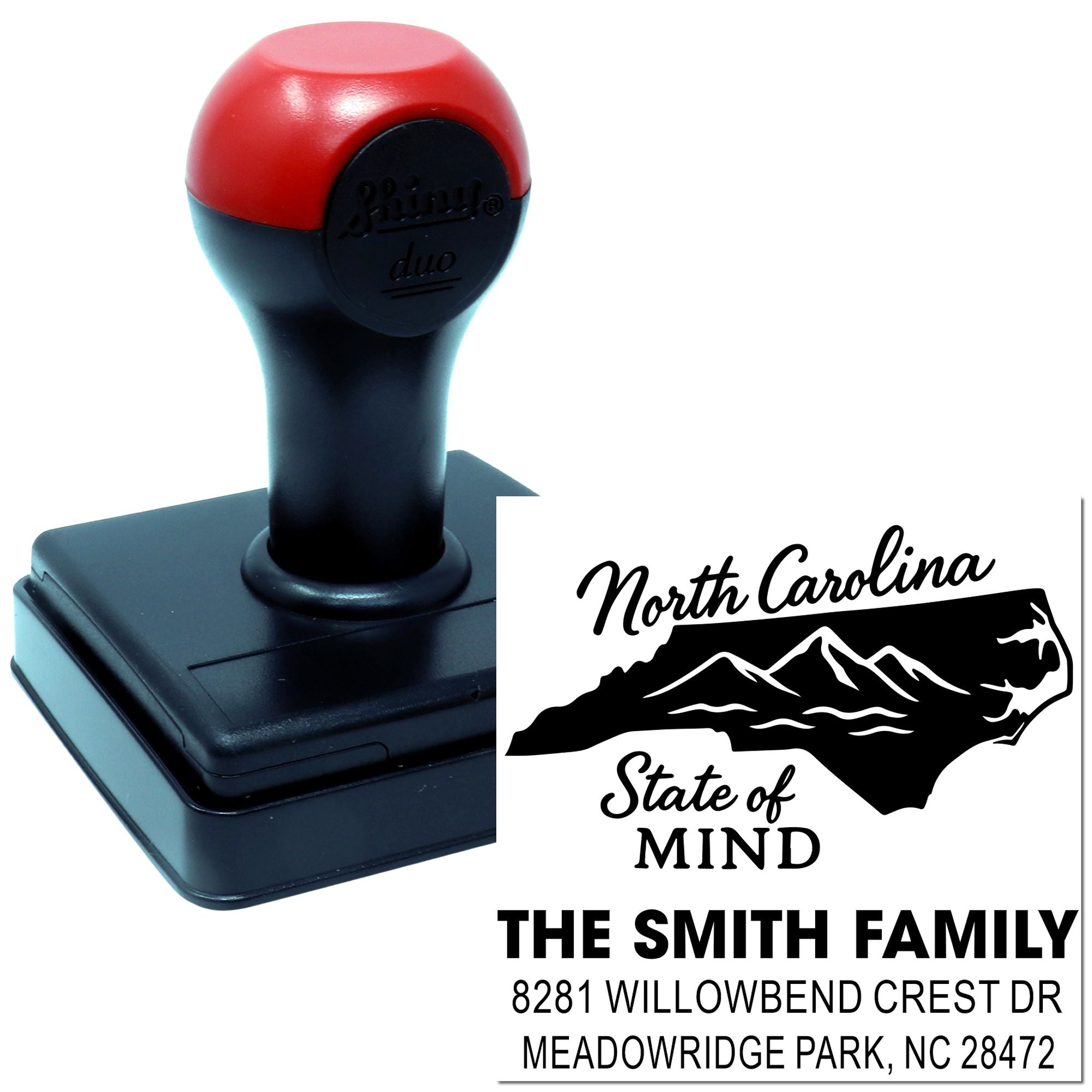 Custom North Carolina family address rubber stamp, self-inking design with mountains and State of Mind text.