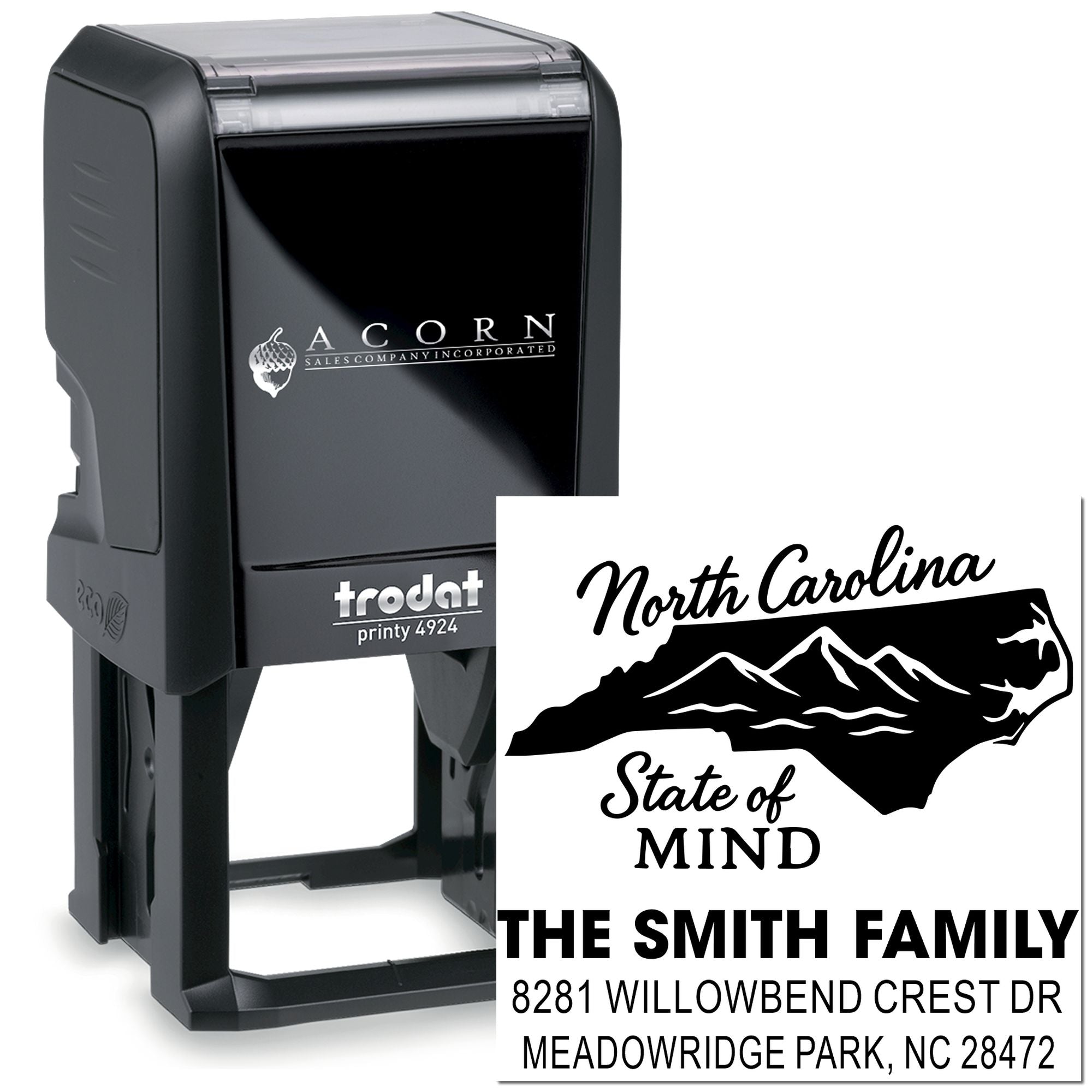 Custom self-inking rubber stamp with North Carolina family address design, ideal for personalized mailing and business branding.
