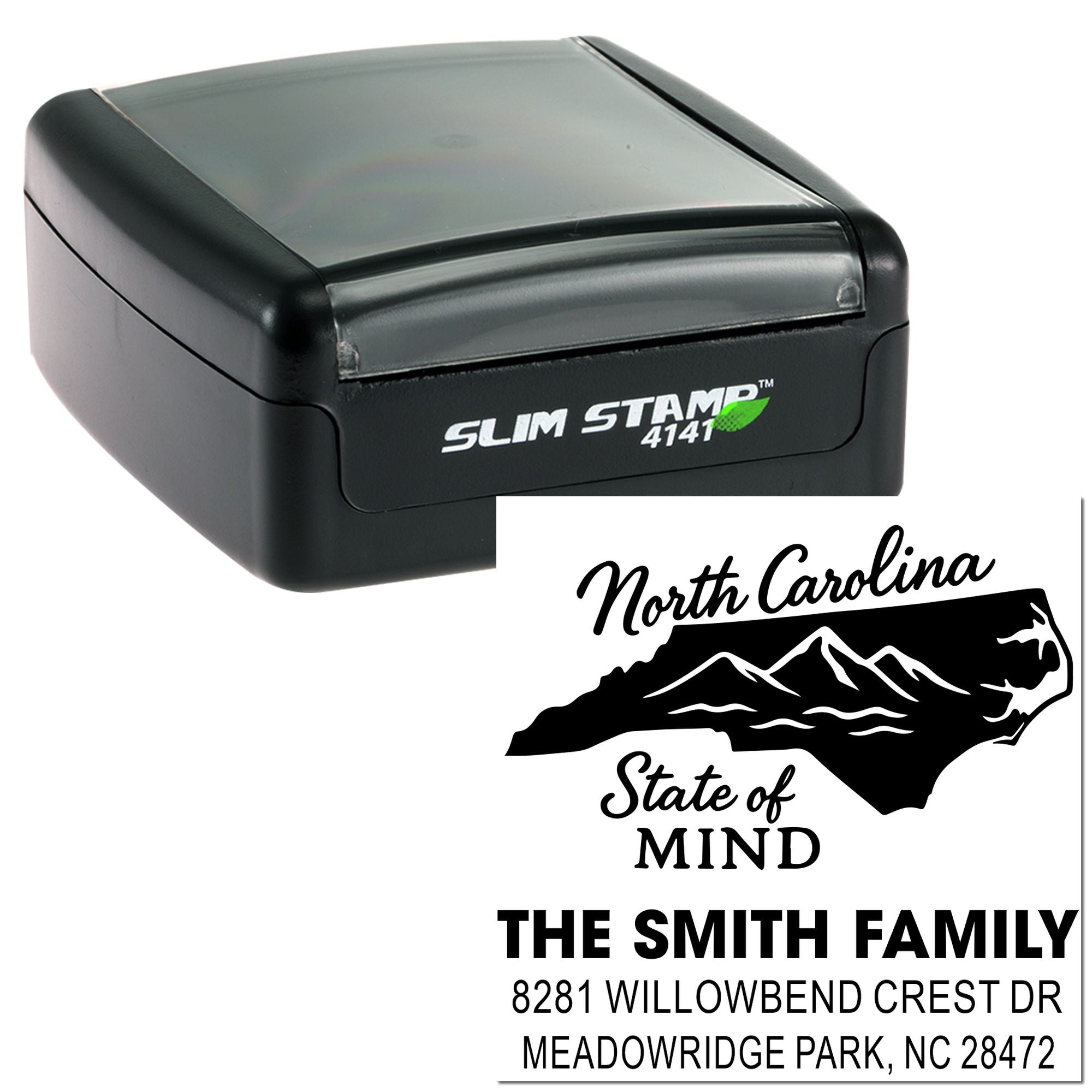 Custom North Carolina return address rubber stamp with family name, state outline design, and Slim Stamp 4141 self-inking case.