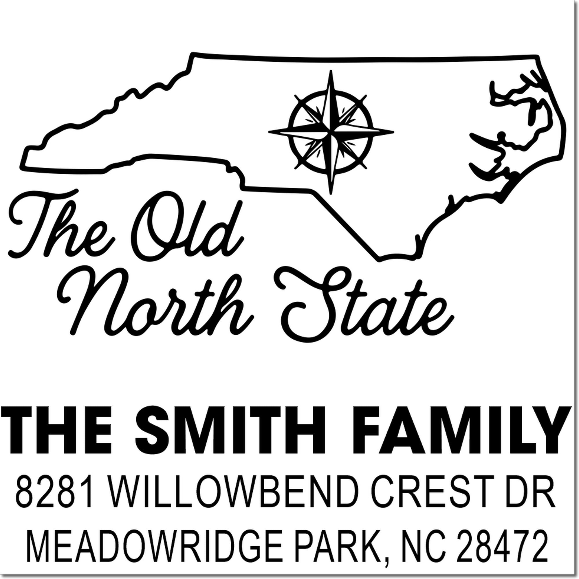 Personalized North Carolina family address rubber stamp with state outline, compass rose, and The Old North State design.
