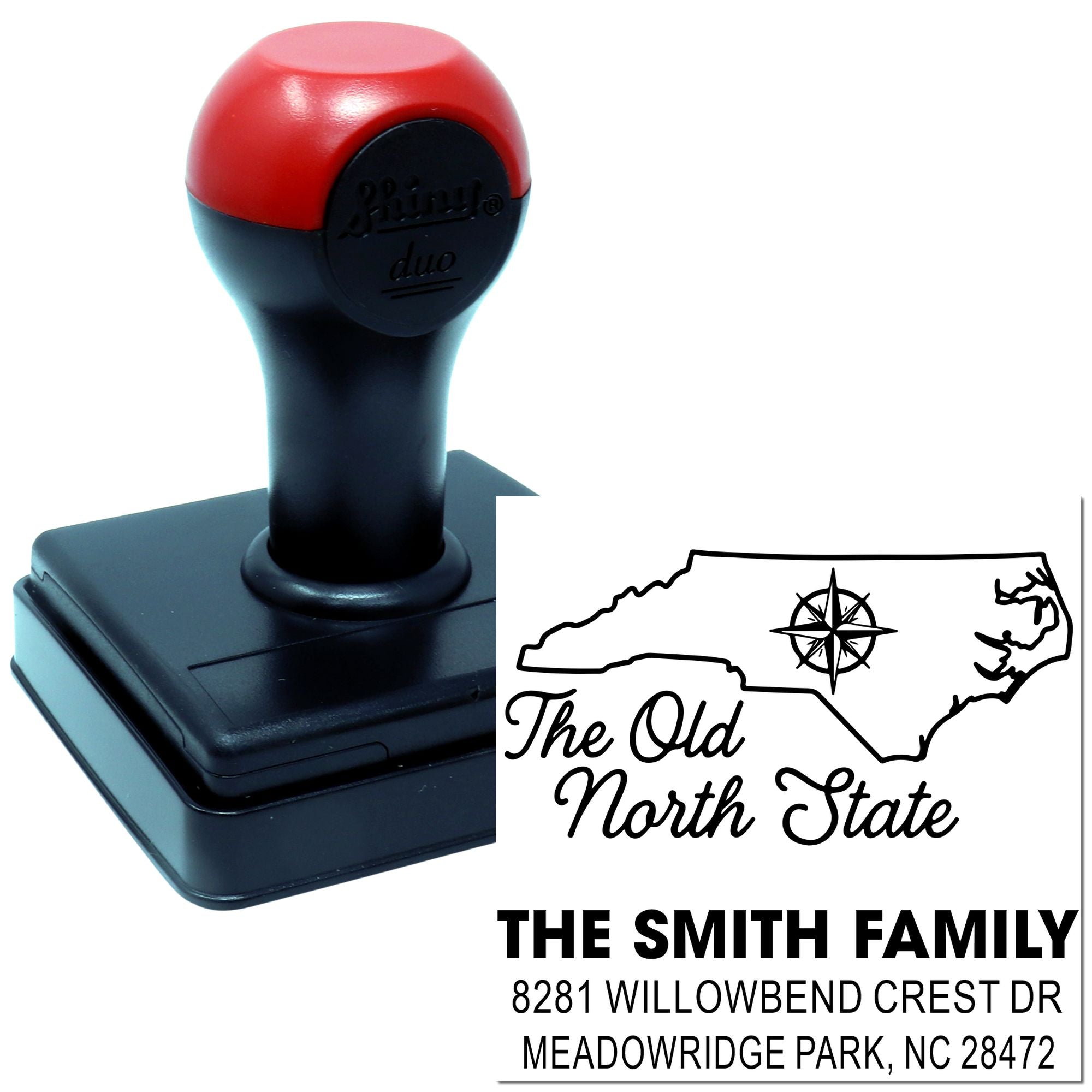 Custom self-inking rubber stamp for North Carolina return address with The Old North State design and Smith Family name.