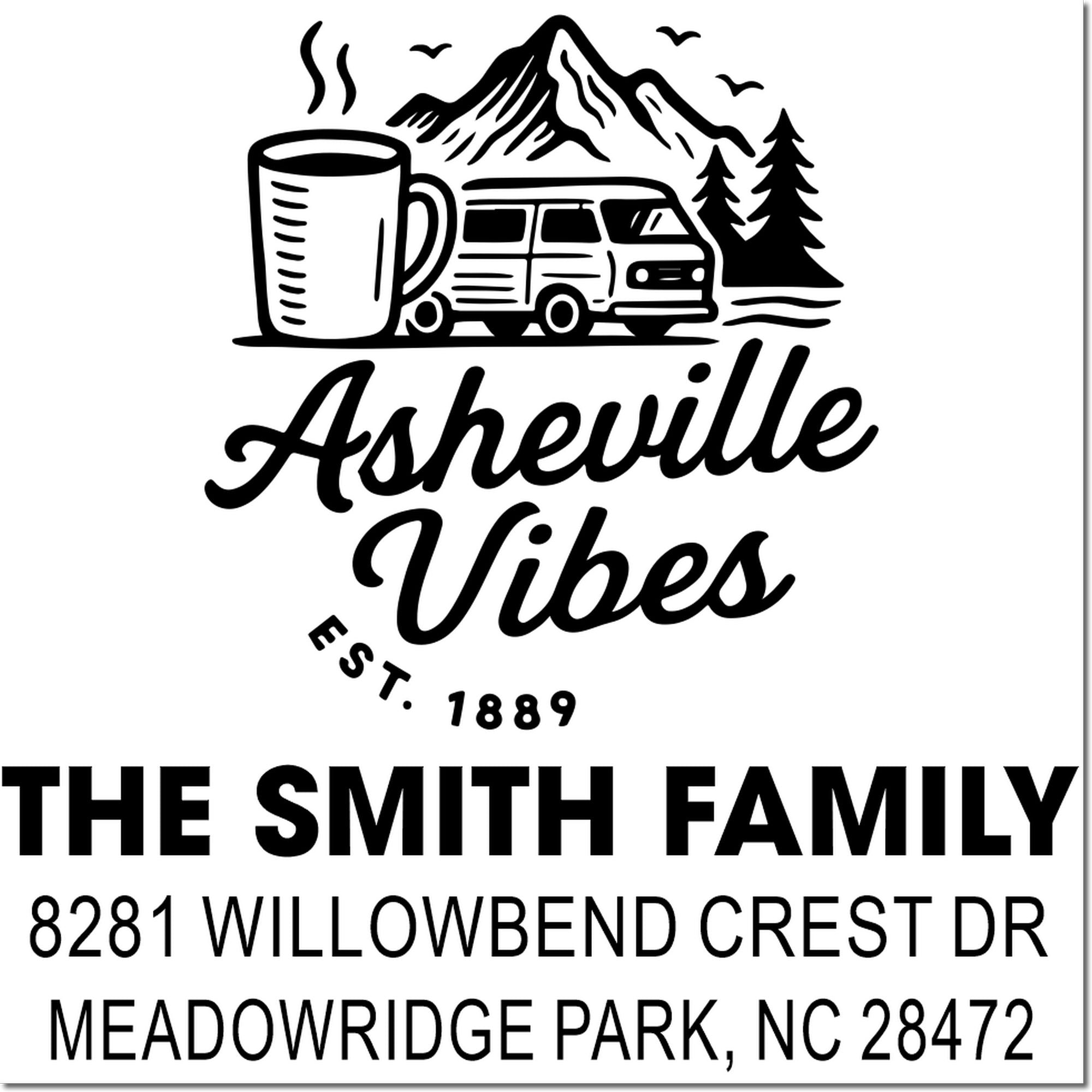 Custom Asheville Vibes return address rubber stamp with mountain, coffee, van design for The Smith Family.