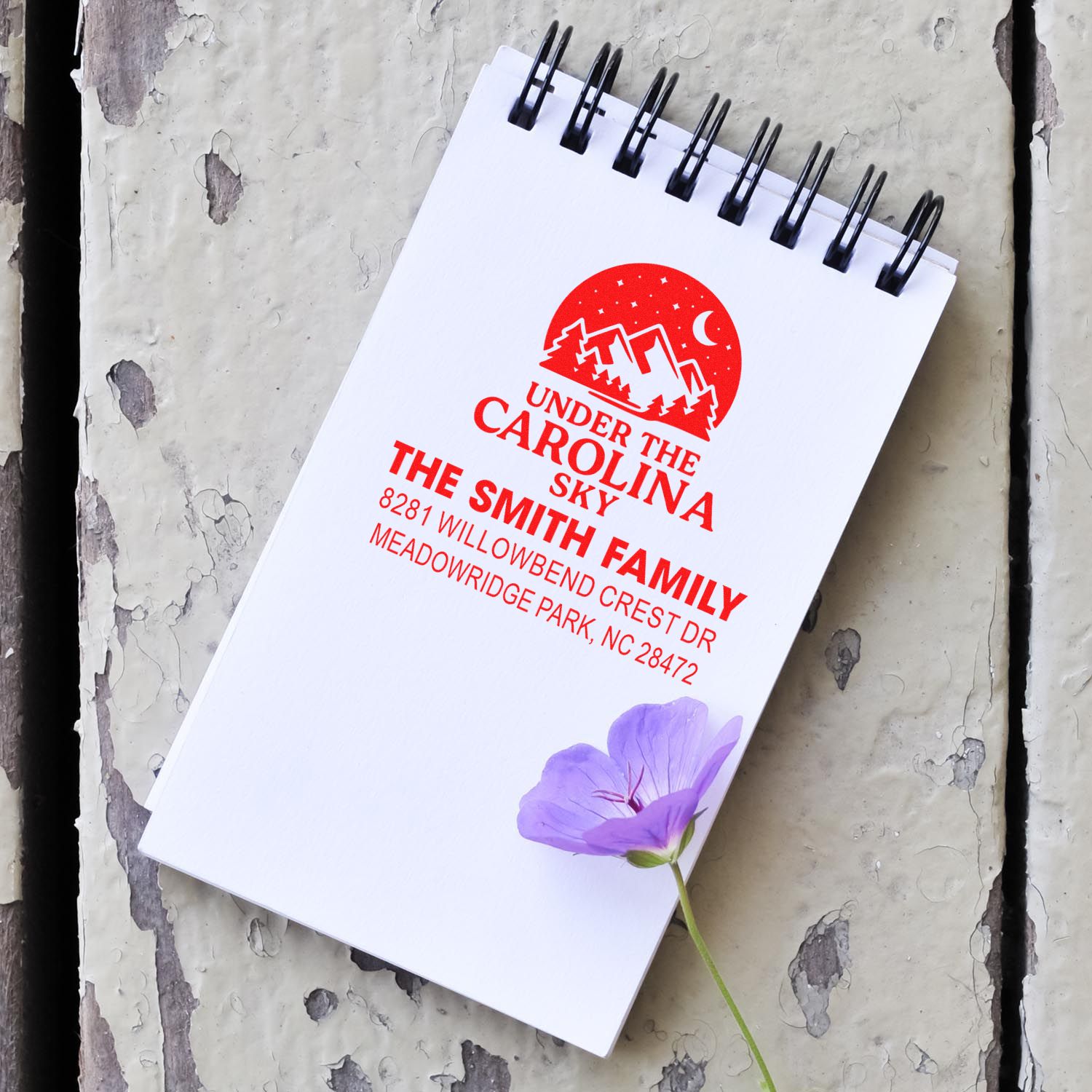 Personalized rubber return address stamp for The Smith Family, featuring an Under the Carolina Sky logo.