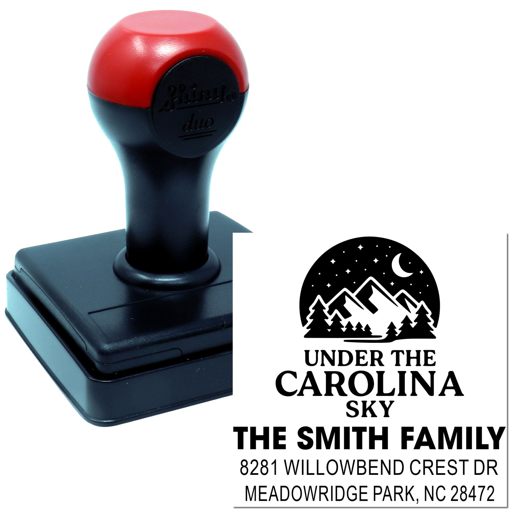 Self-inking custom rubber address stamp with mountain logo and personalized family name for home mailing.