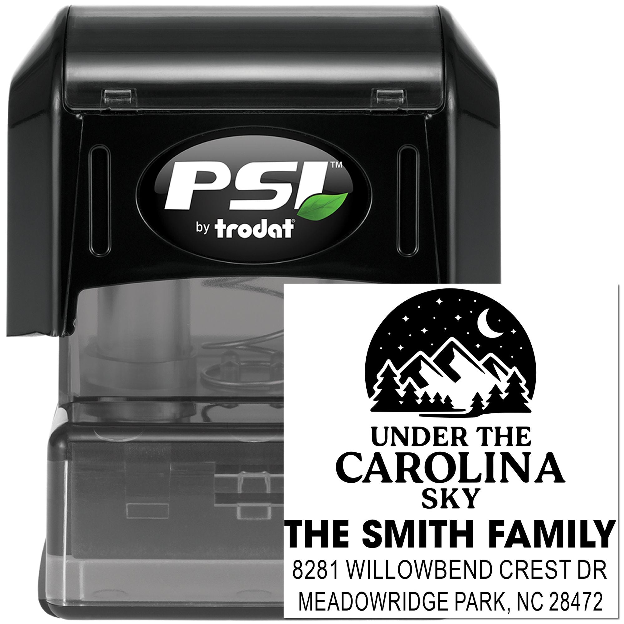 Custom PSI by Trodat self-inking rubber address stamp with mountain logo and Under the Carolina Sky family return address