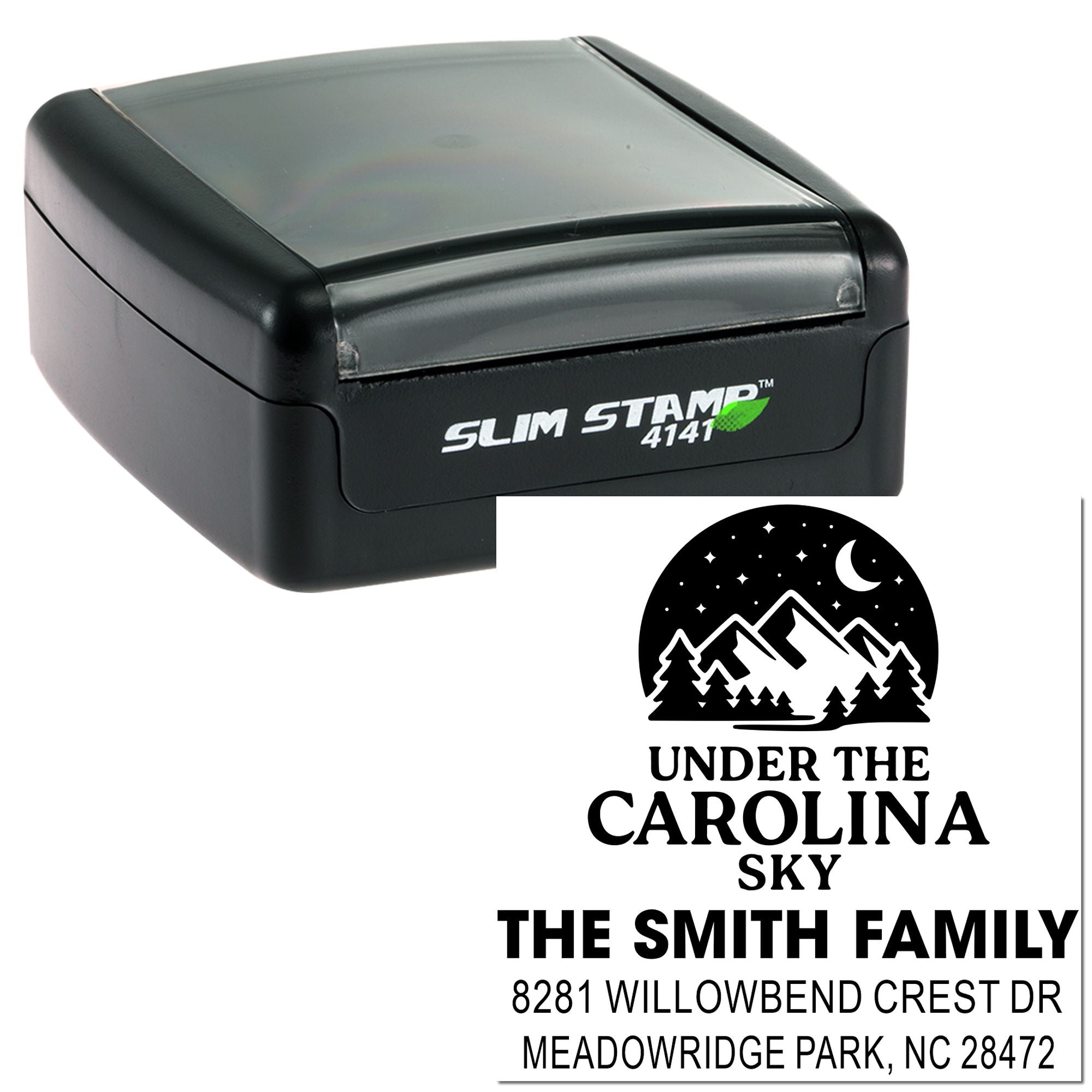 Custom self-inking rubber address stamp with Slim Stamp 4141 and family return address design, Under the Carolina Sky.