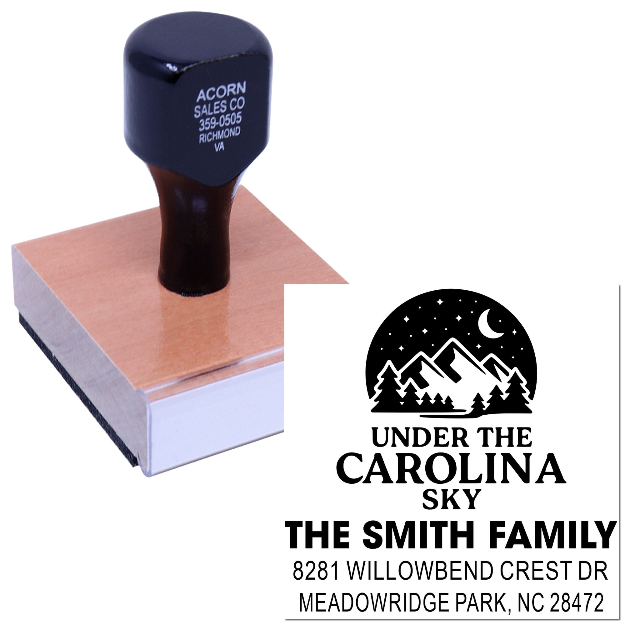 Custom return address rubber stamp with mountain logo for The Smith Family, ideal for personalized mailing and stationery.