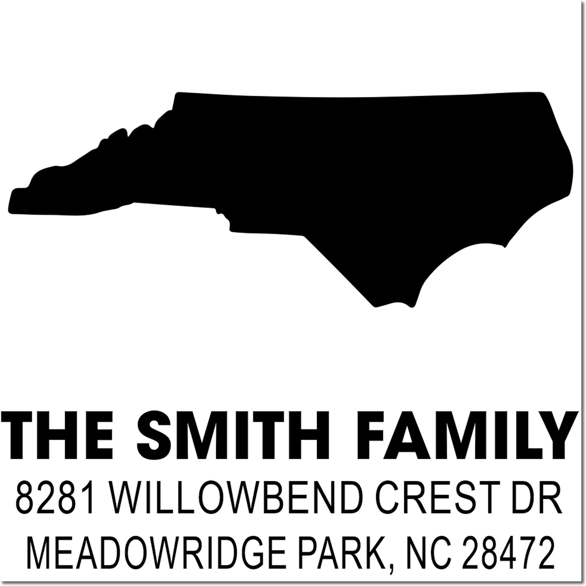 Custom North Carolina return address rubber stamp for The Smith Family, Meadowridge Park, NC 28472.