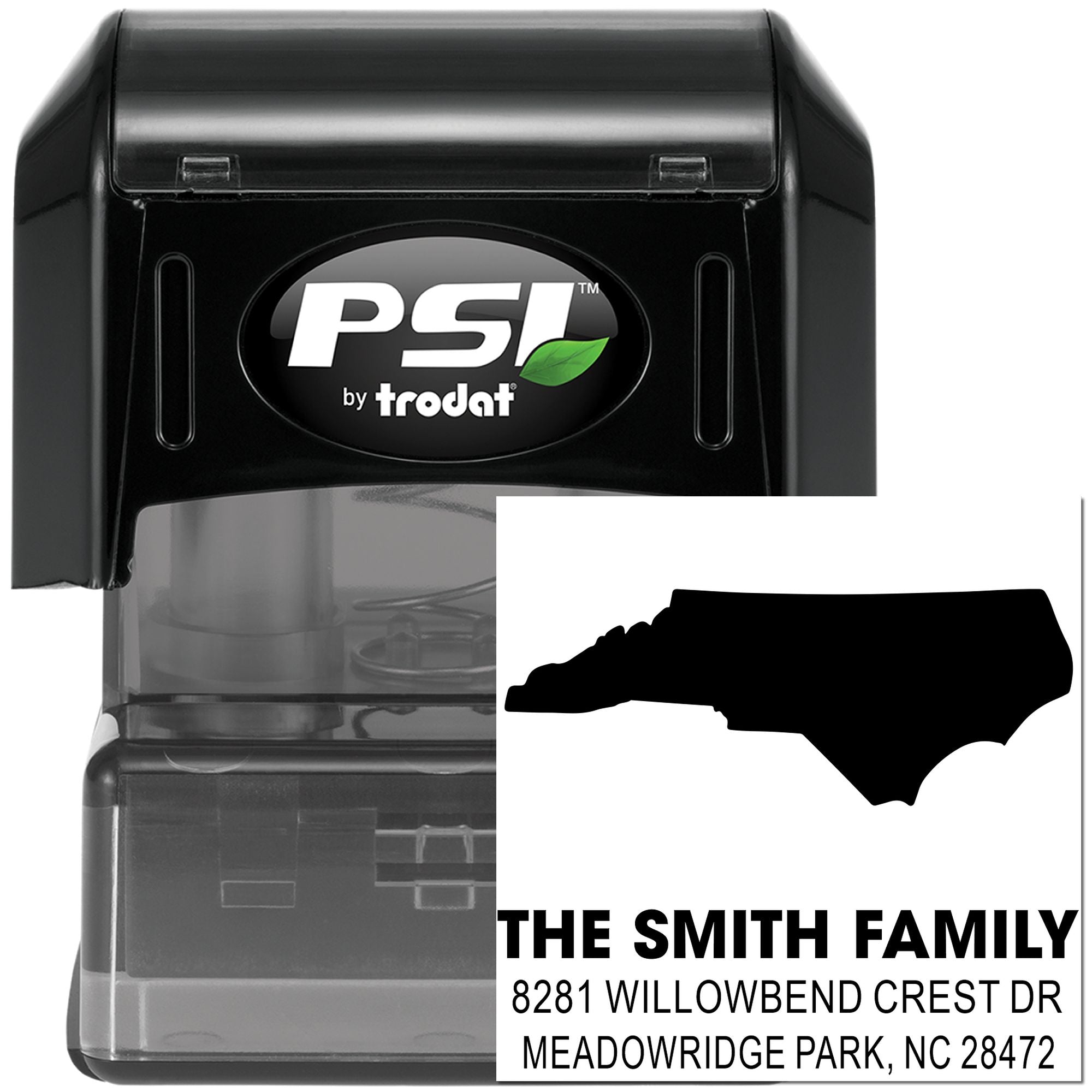 Custom self-inking rubber address stamp with North Carolina silhouette, PSI by Trodat, for Smith family mailing labels.