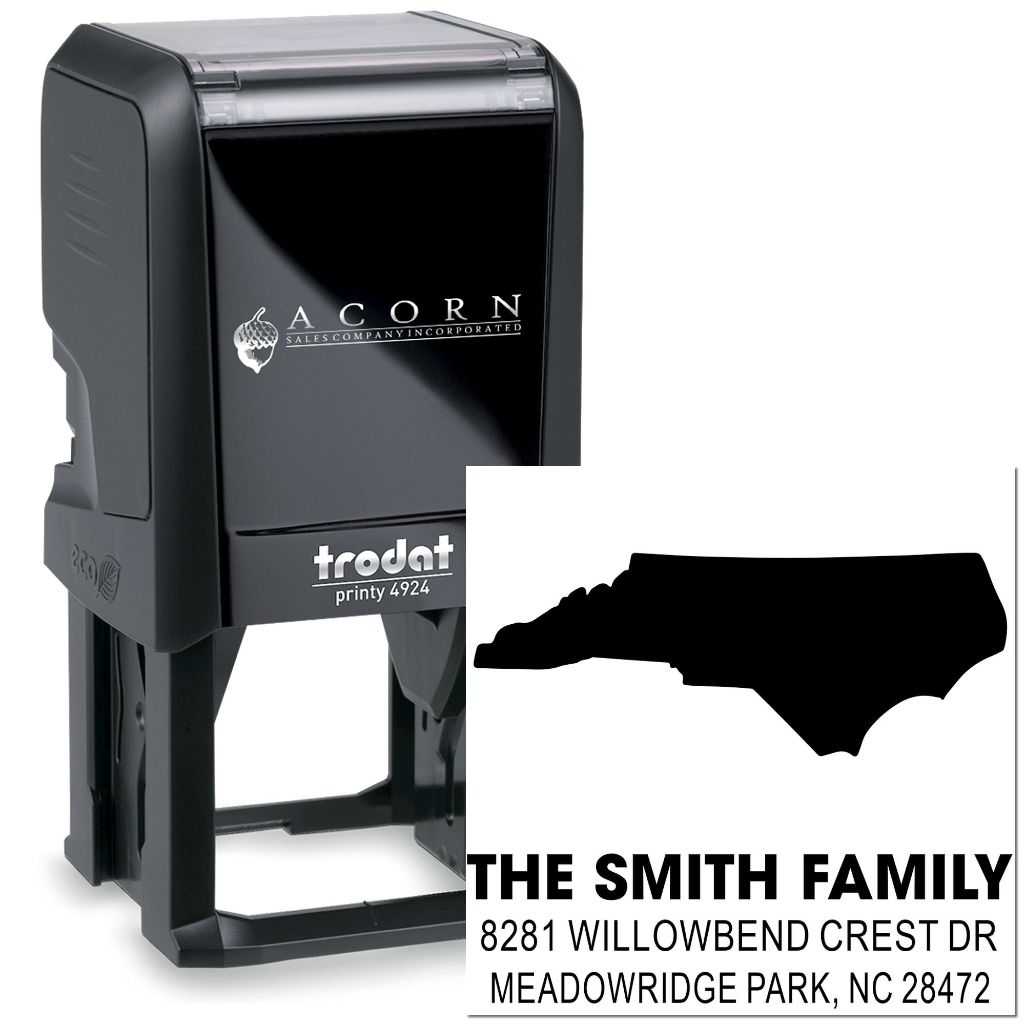 Custom self-inking rubber address stamp with North Carolina design for The Smith Family, Meadowridge Park, NC 28472.