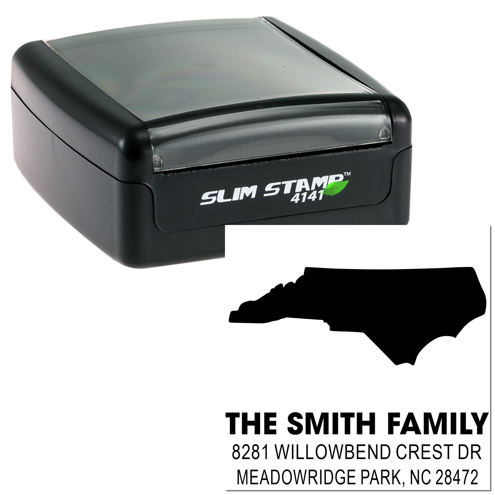Custom self-inking rubber address stamp with North Carolina state silhouette and The Smith Family return address imprint.