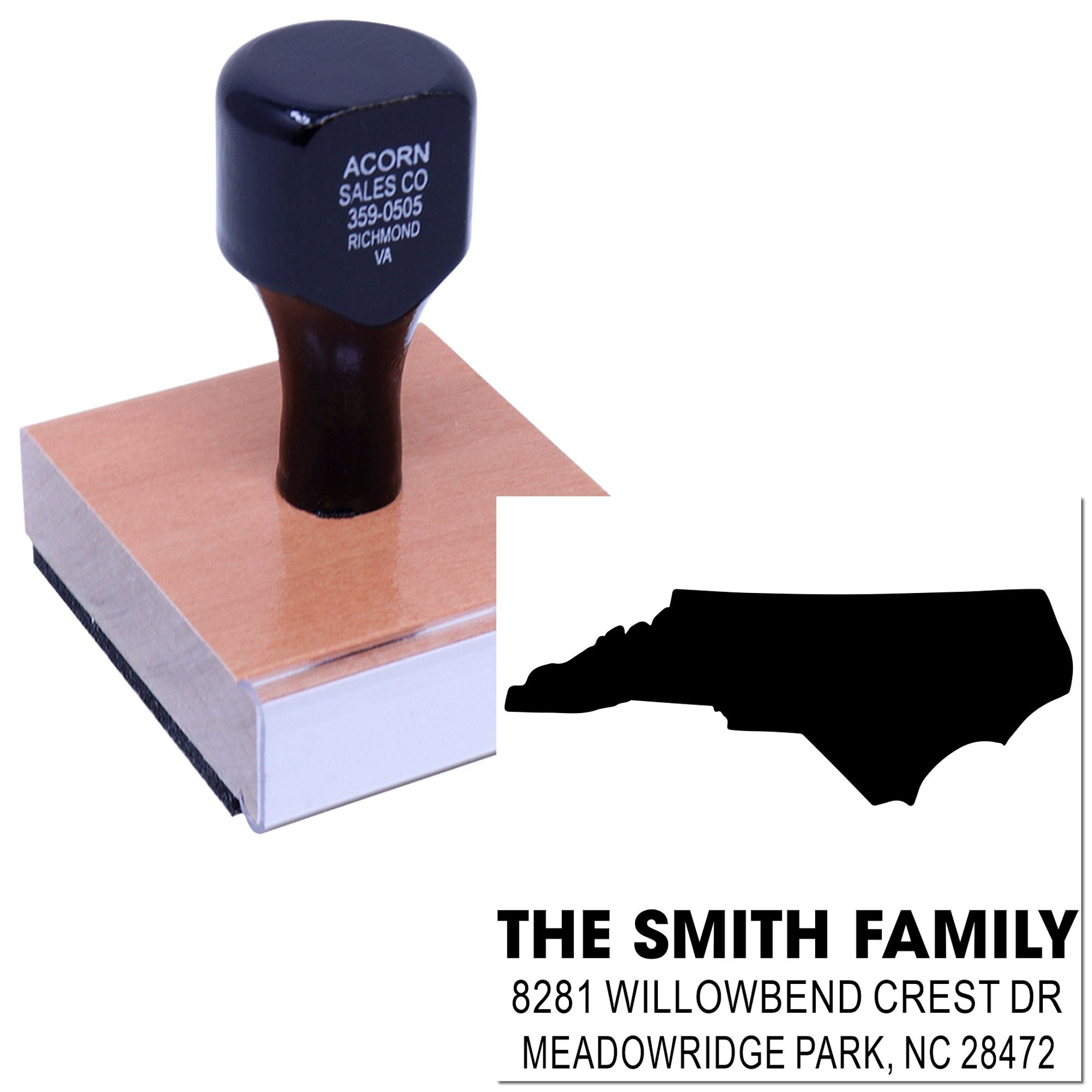 Custom North Carolina return address rubber stamp for The Smith Family with state silhouette and mailing address.