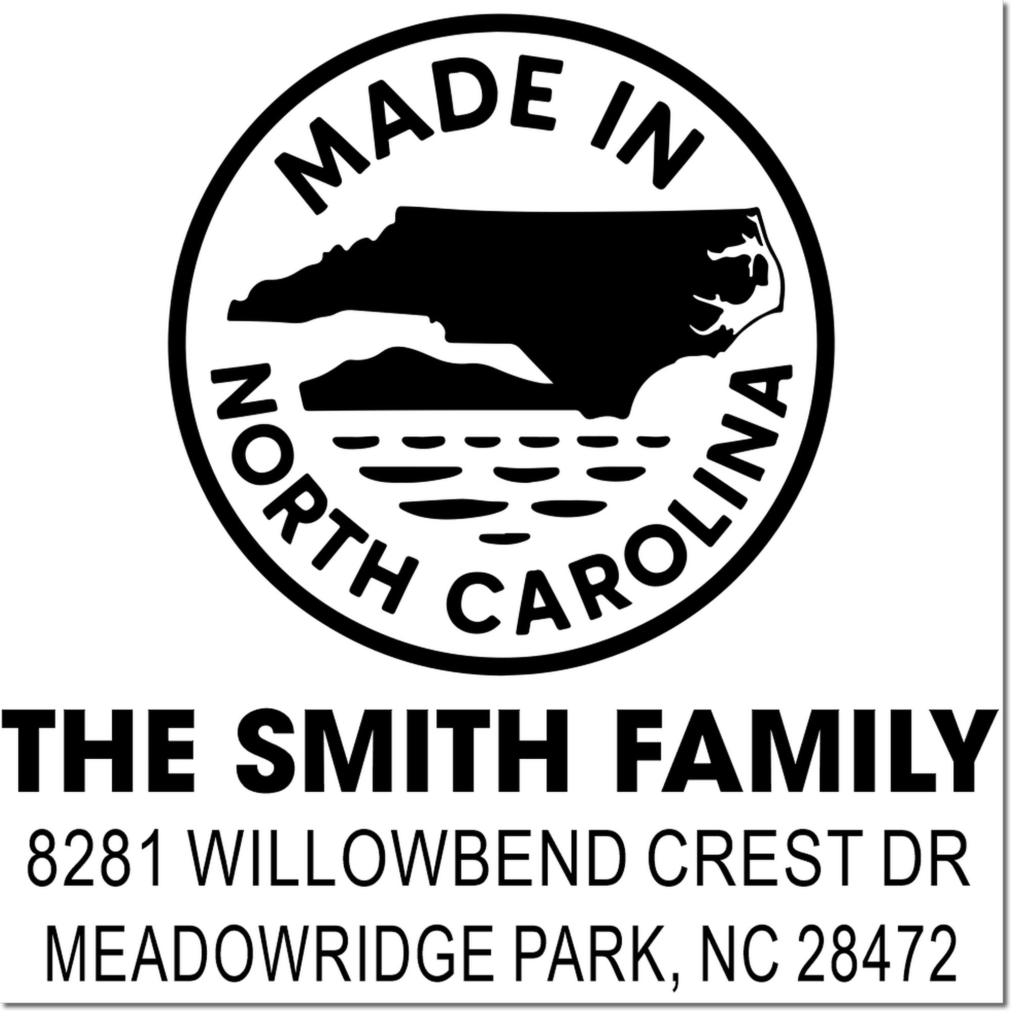 Custom North Carolina return address rubber stamp for The Smith Family, featuring state silhouette and full Meadowridge Park address.