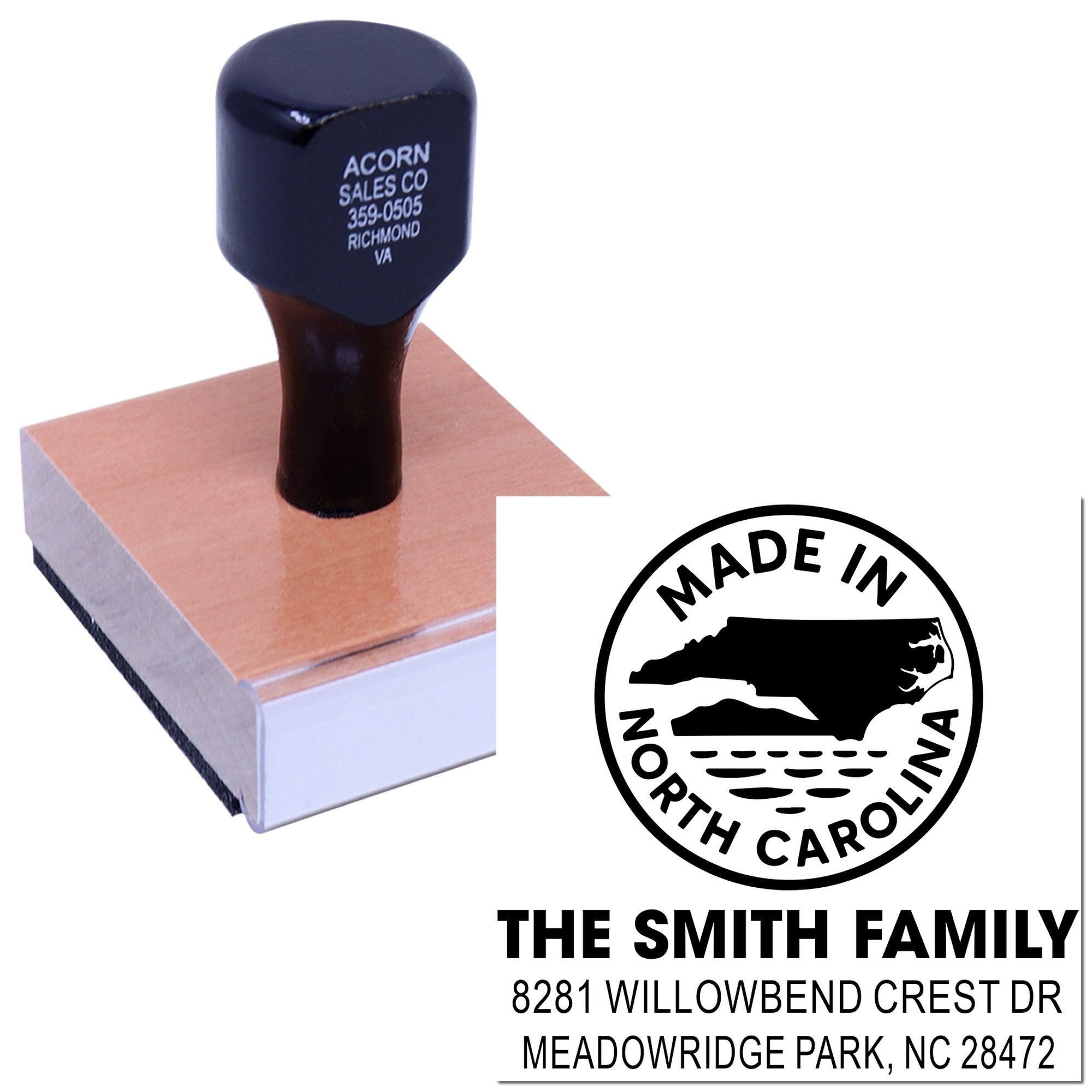 Custom return address rubber stamp with Made in North Carolina family seal and address imprint