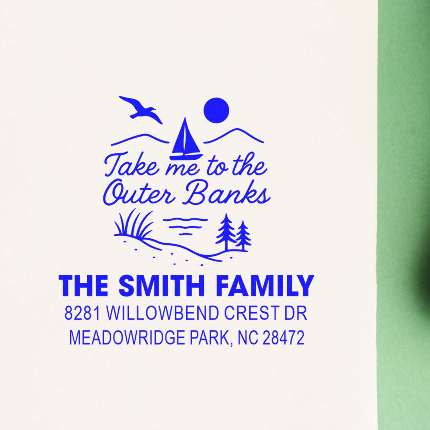 Custom family address rubber stamp with Outer Banks travel theme and The Smith Family return address.