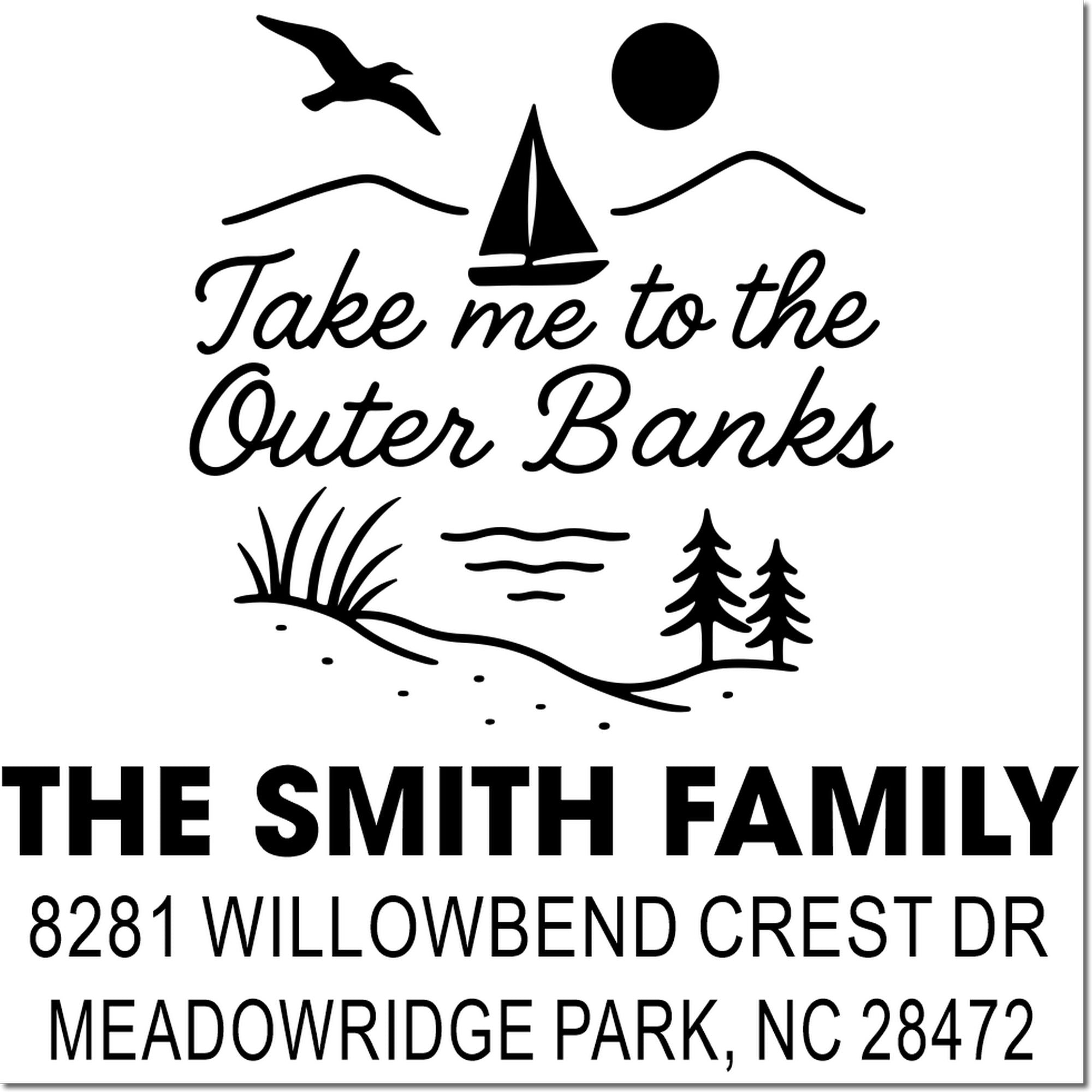 Custom Outer Banks address rubber stamp for The Smith Family with coastal design and Meadowridge Park, NC return address.