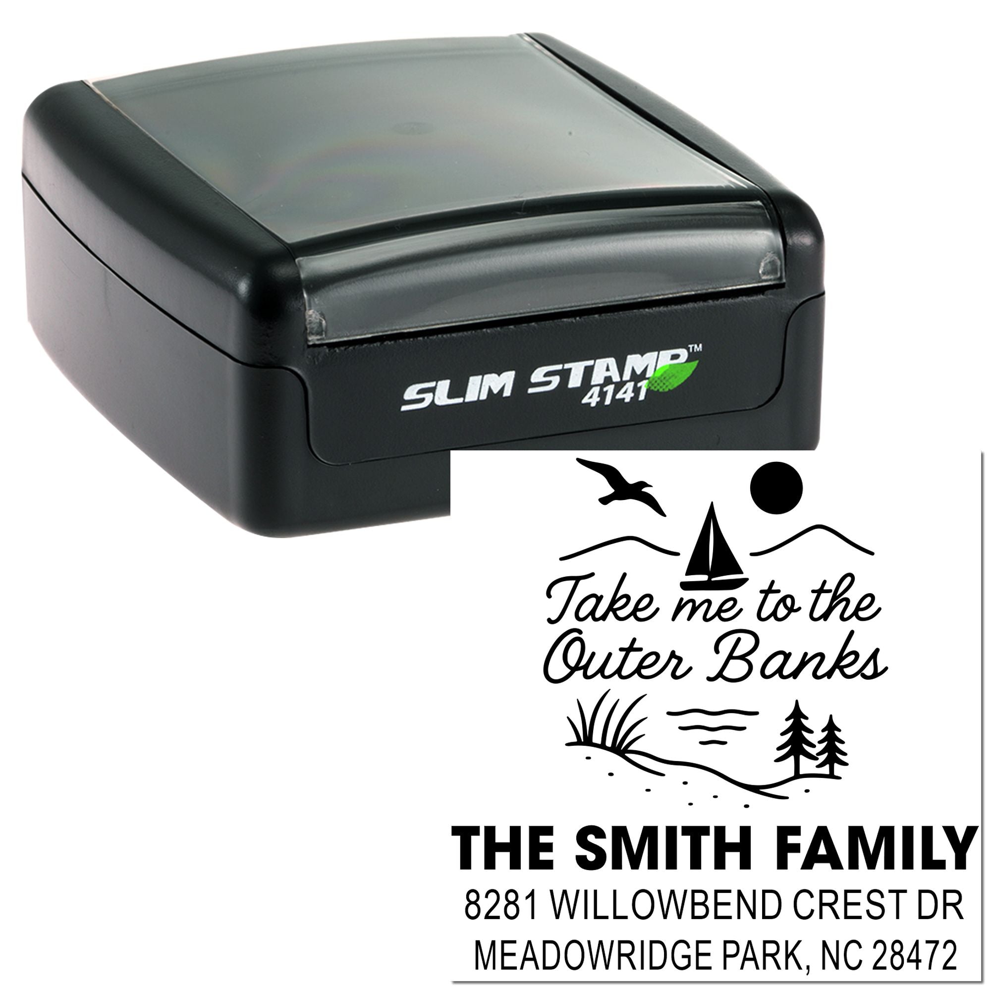 Custom self-inking rubber address stamp with Outer Banks beach design and Smith family return address.