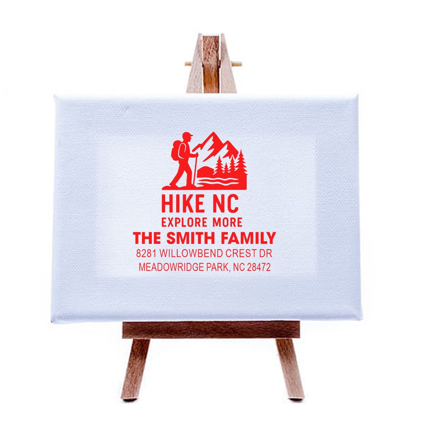 Custom hiking return address rubber stamp with mountain hiker logo, The Smith Family name, and Meadowridge Park, NC address.