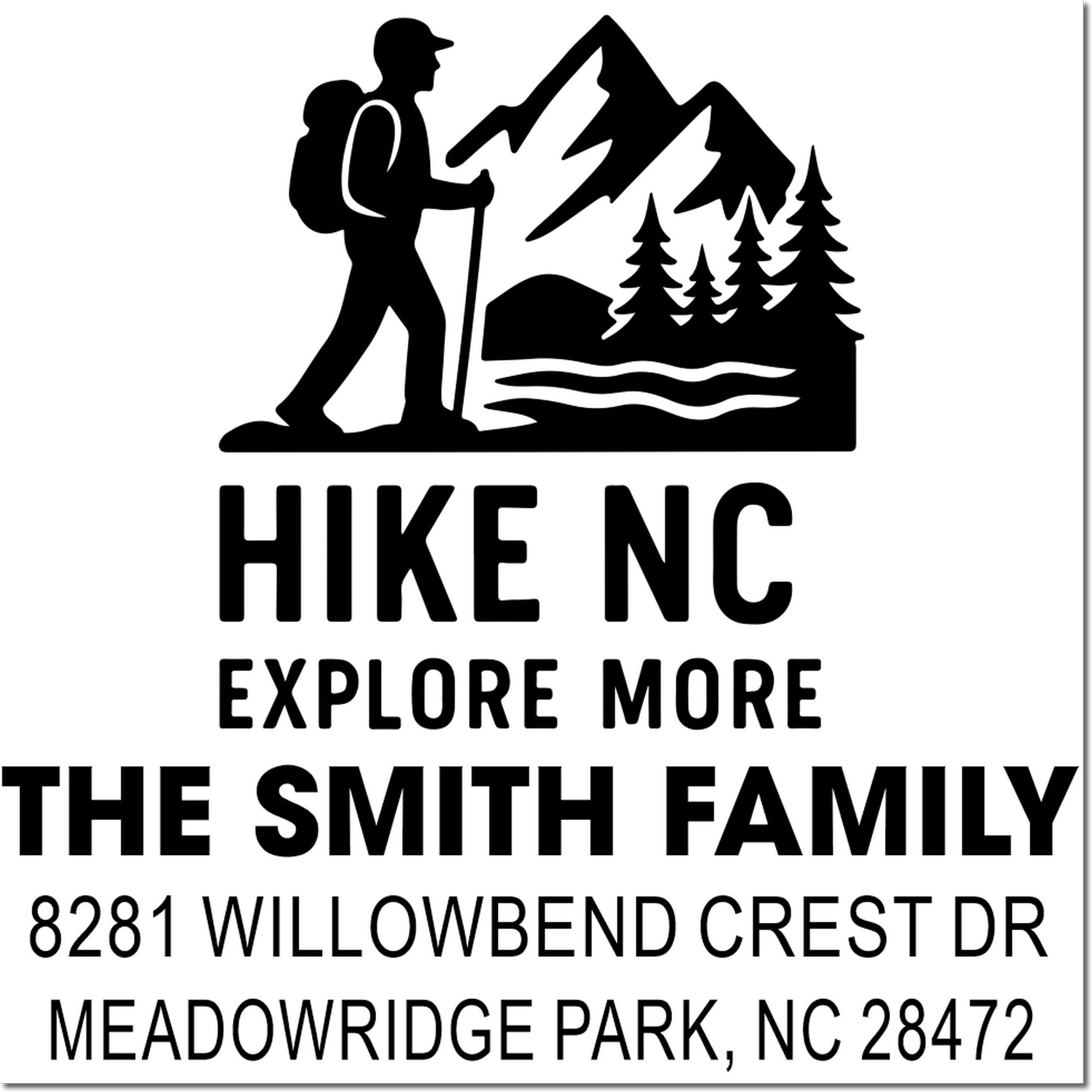 Custom hiking family return address stamp with hiker and mountain logo for The Smith Family, Meadowridge Park, NC 28472.