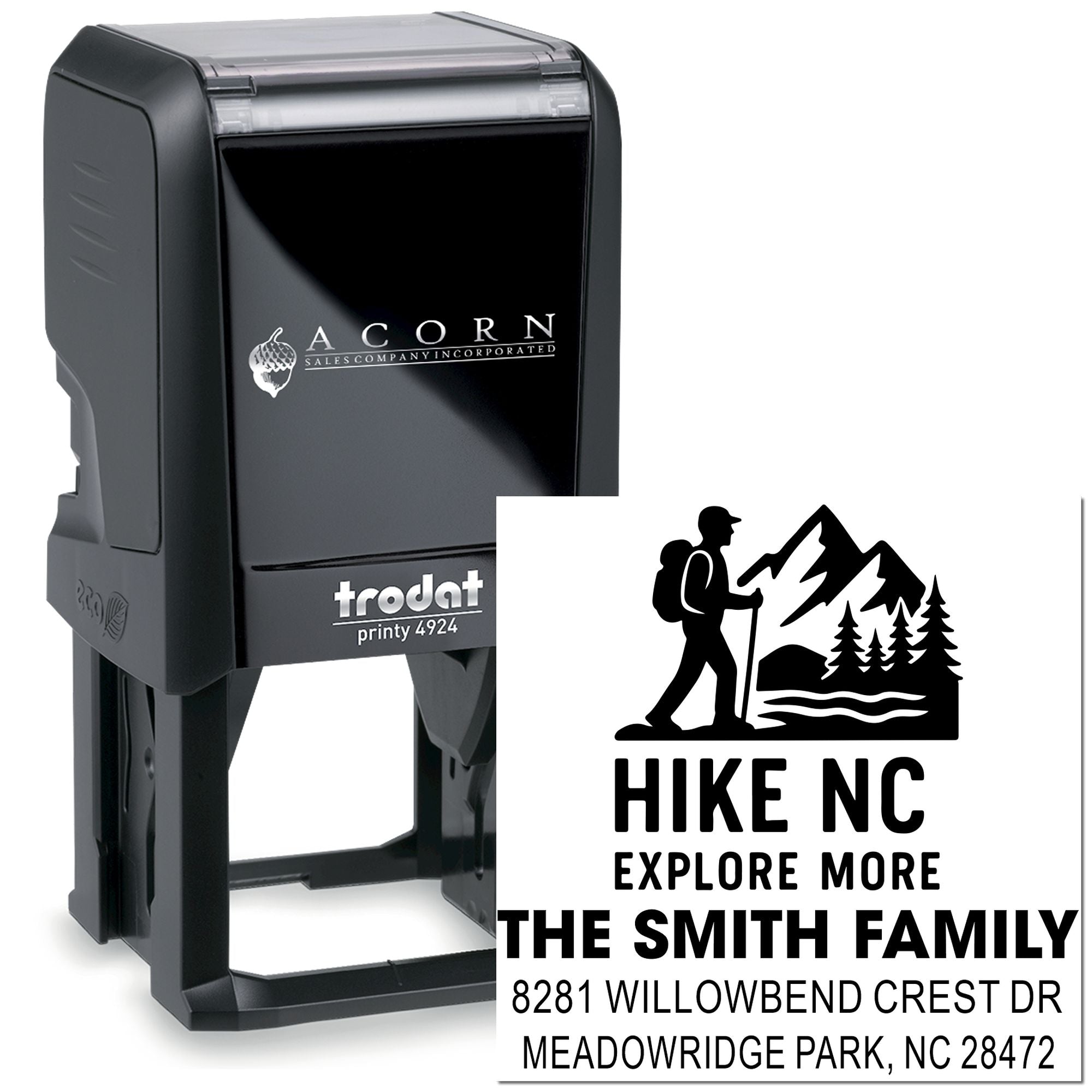 Custom self-inking rubber stamp for hiking-themed family address labels, featuring Hike NC Explore More design.