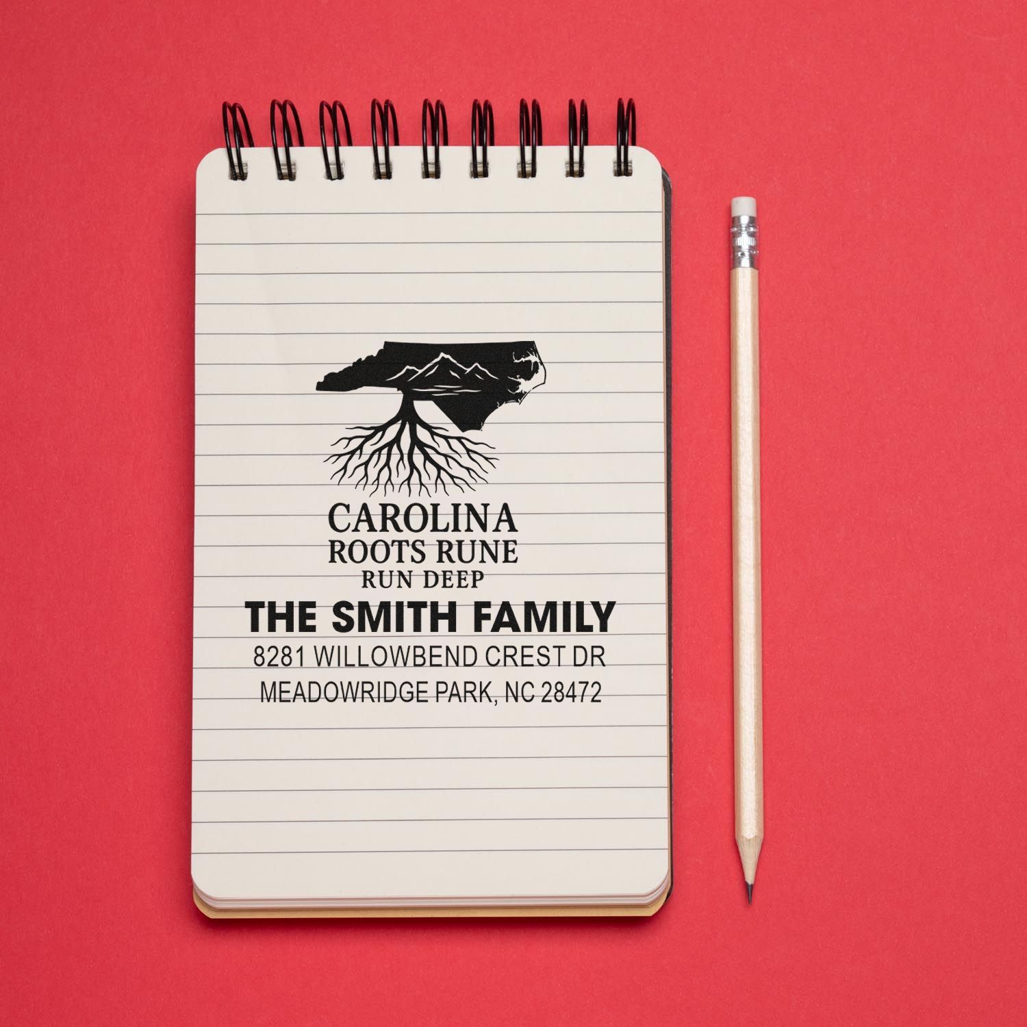 Personalized North Carolina return address rubber stamp with roots design for The Smith Family.
