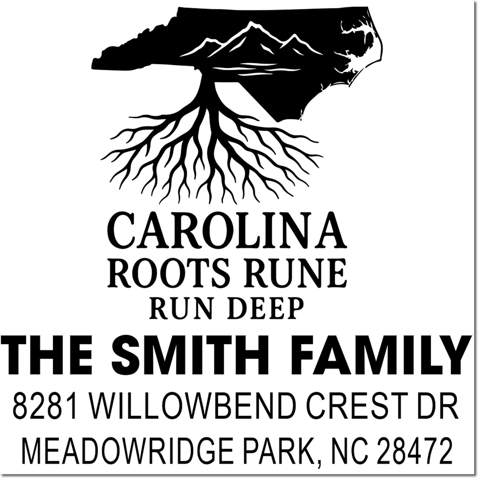 Custom family address rubber stamp with North Carolina roots design for The Smith Family, Meadowridge Park, NC 28472