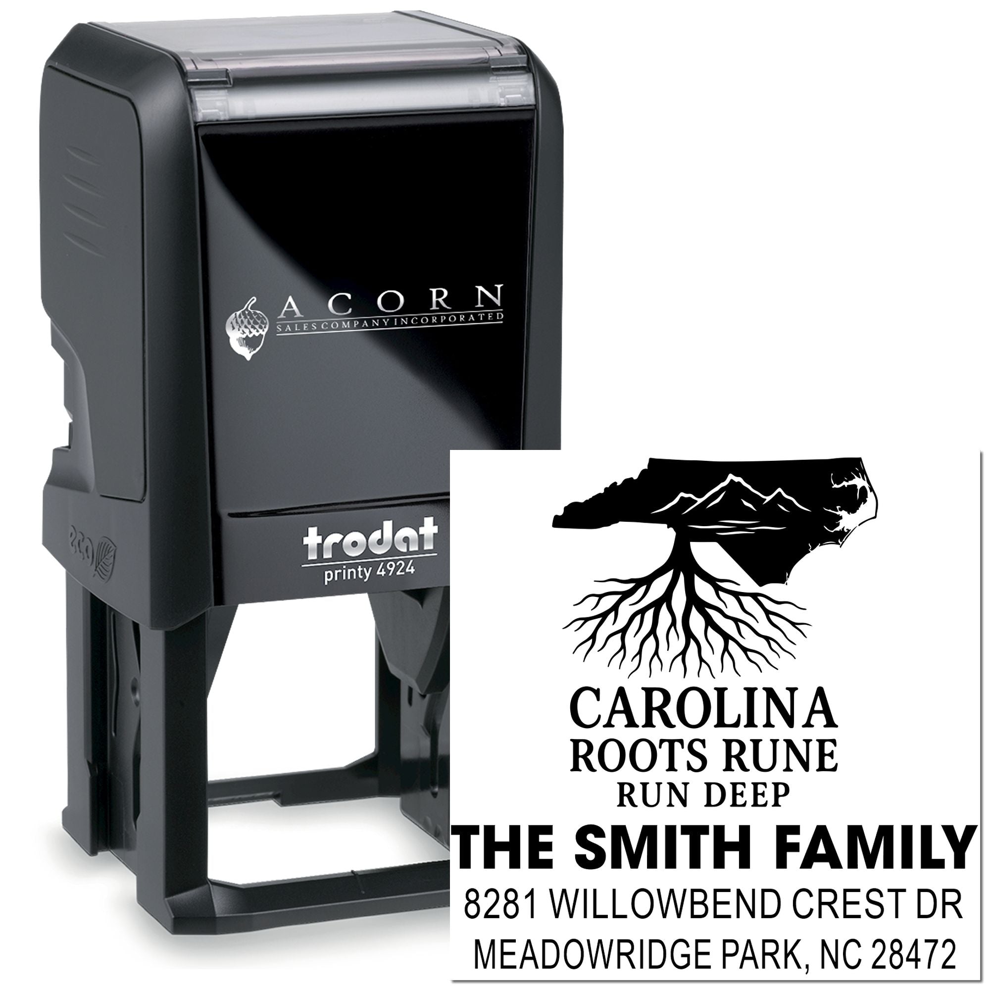 Trodat Printy 4924 custom self-inking rubber stamp with North Carolina Roots Run Deep family address design for The Smith Family.