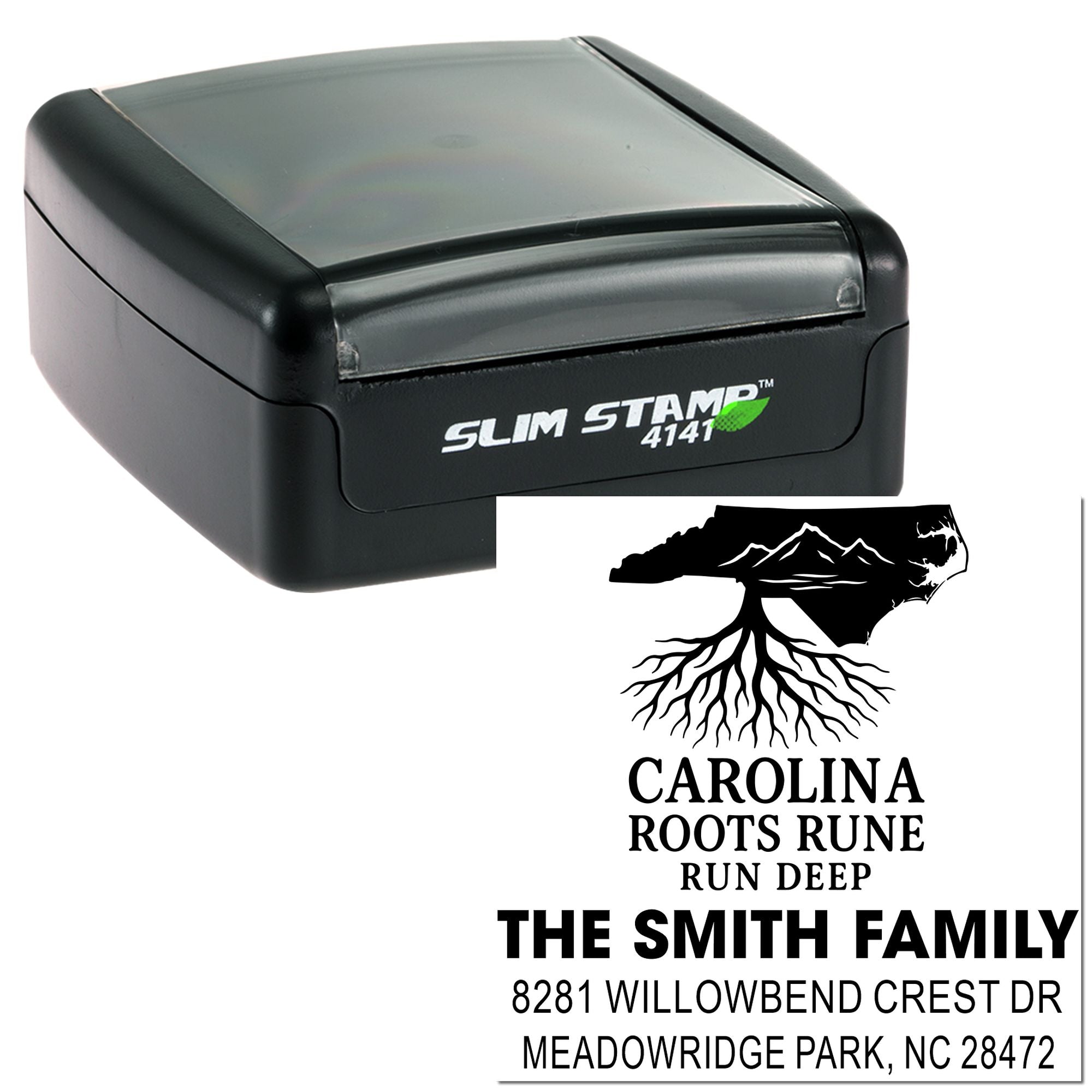Custom self-inking rubber address stamp with North Carolina family design and The Smith Family return address.