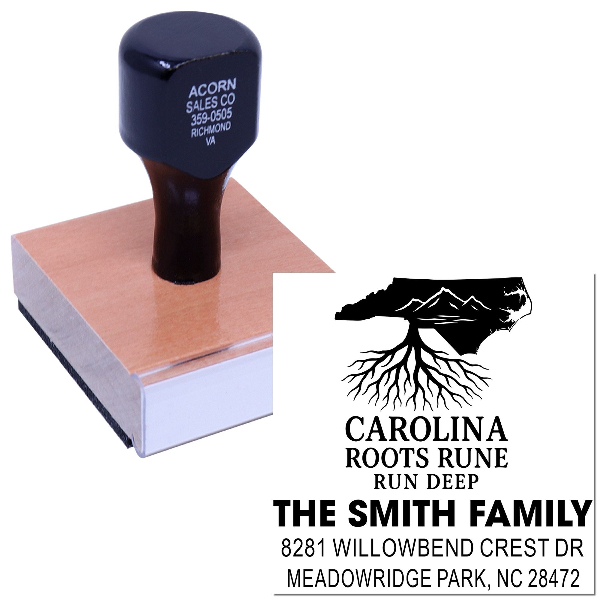 Custom rubber return address stamp featuring The Smith Family and Carolina Roots Rune Run Deep design