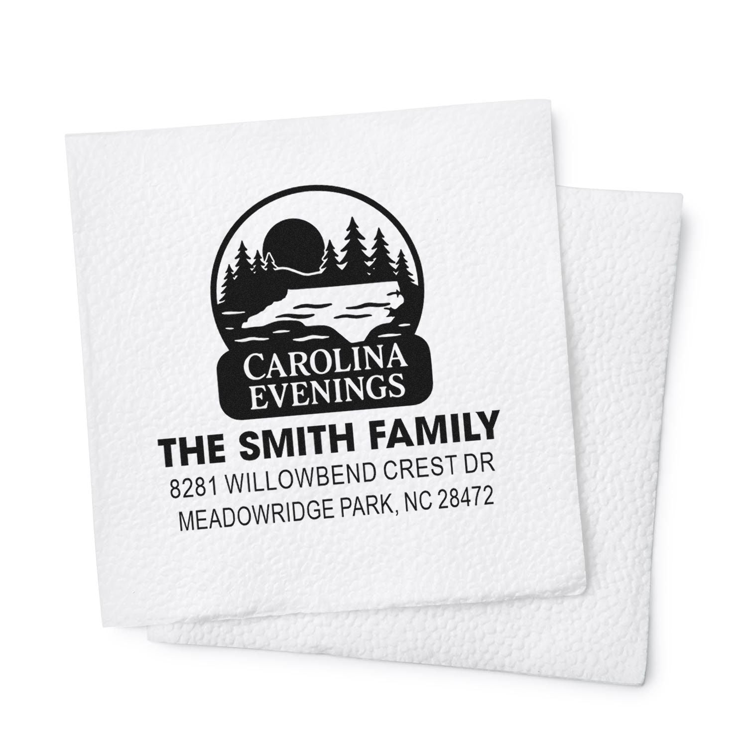 Custom return address rubber stamp for The Smith Family with mountain logo and Meadowridge Park, NC address.