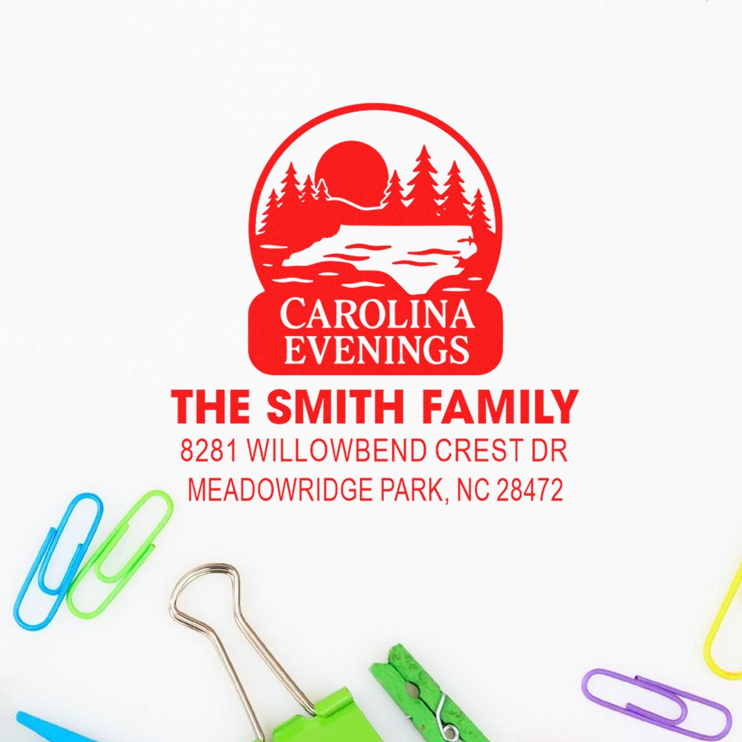 Custom address rubber stamp for The Smith Family with Carolina Evenings logo and return address.