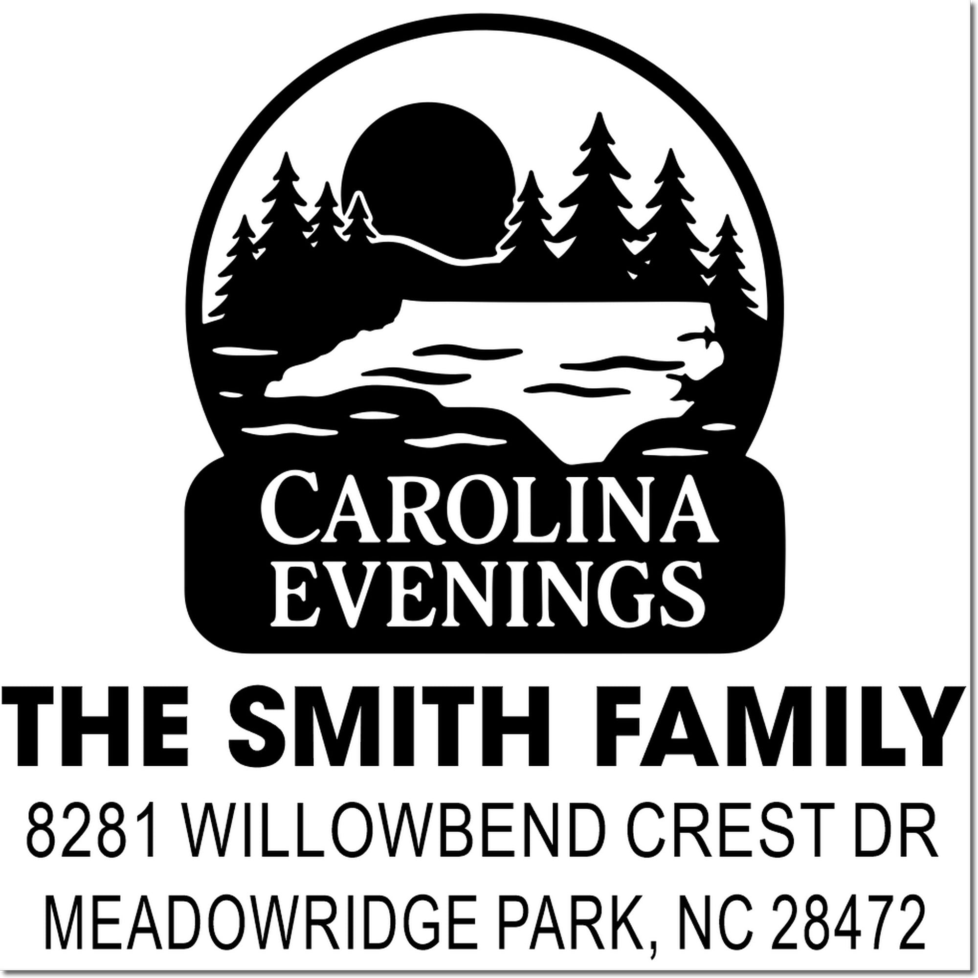 Custom Carolina Evenings rubber stamp with The Smith Family return address, 8281 Willowbend Crest Dr, Meadowridge Park, NC 28472