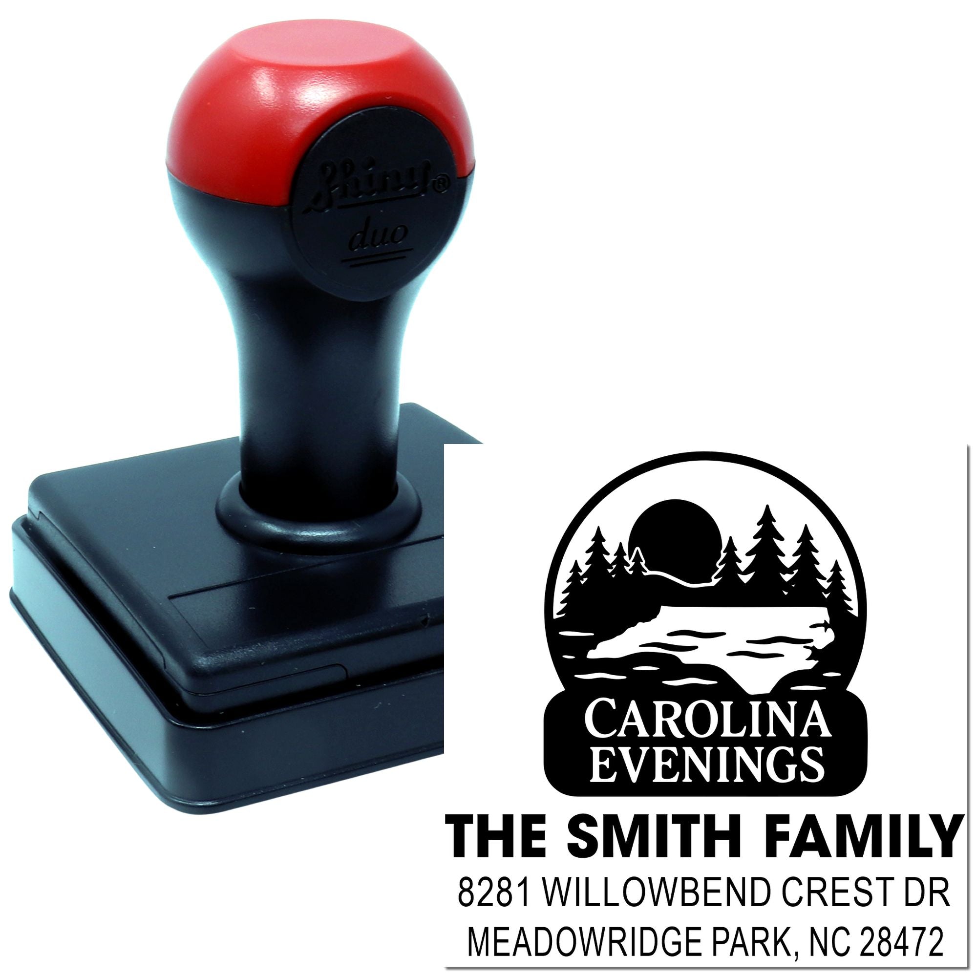 Personalized self-inking rubber address stamp with custom family name and return address for envelopes and mailing.