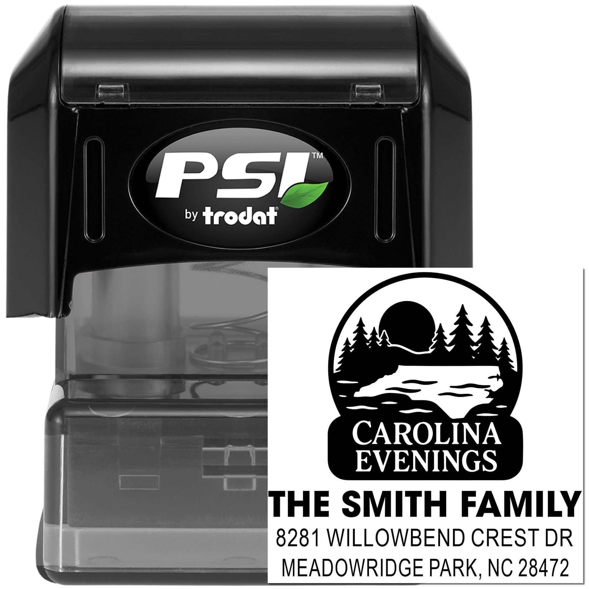 Custom self-inking rubber address stamp by PSI Trodat with personalized family name, cabin design, and return address.