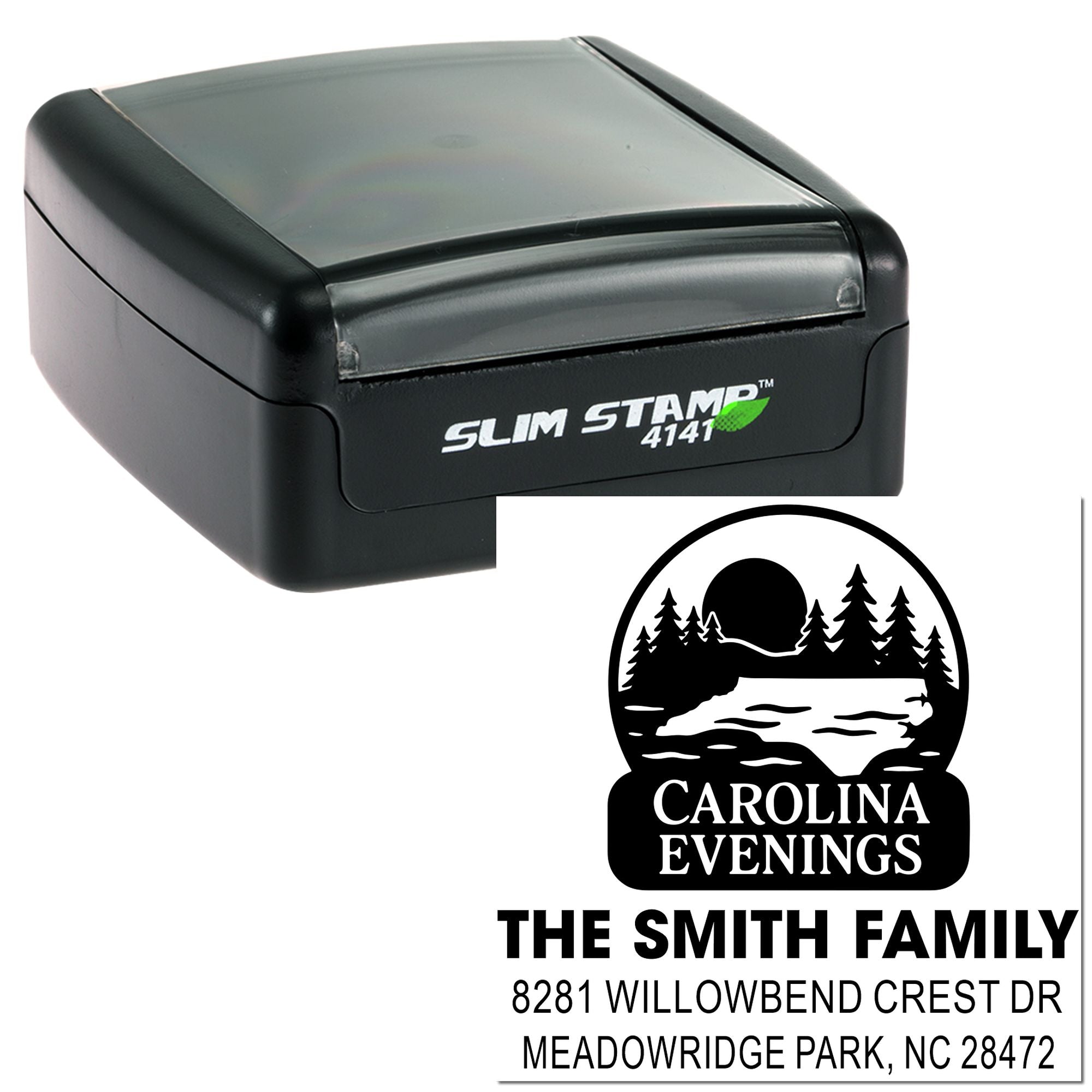 Slim Stamp 4141 custom rubber address stamp with family name and return address for envelopes and mailing labels.