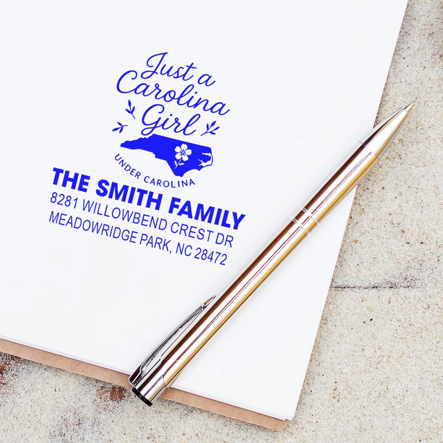 Custom rubber return address stamp for a North Carolina family, featuring Just a Carolina Girl home address design.