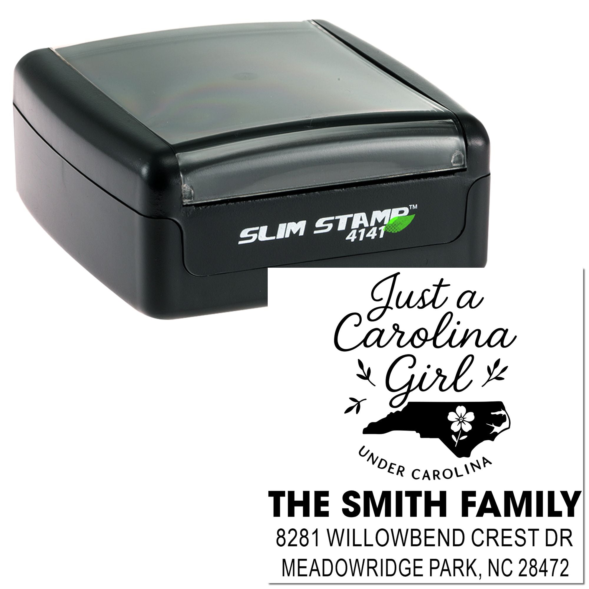 Custom self-inking address rubber stamp with North Carolina family design, shown on Slim Stamp 4141.
