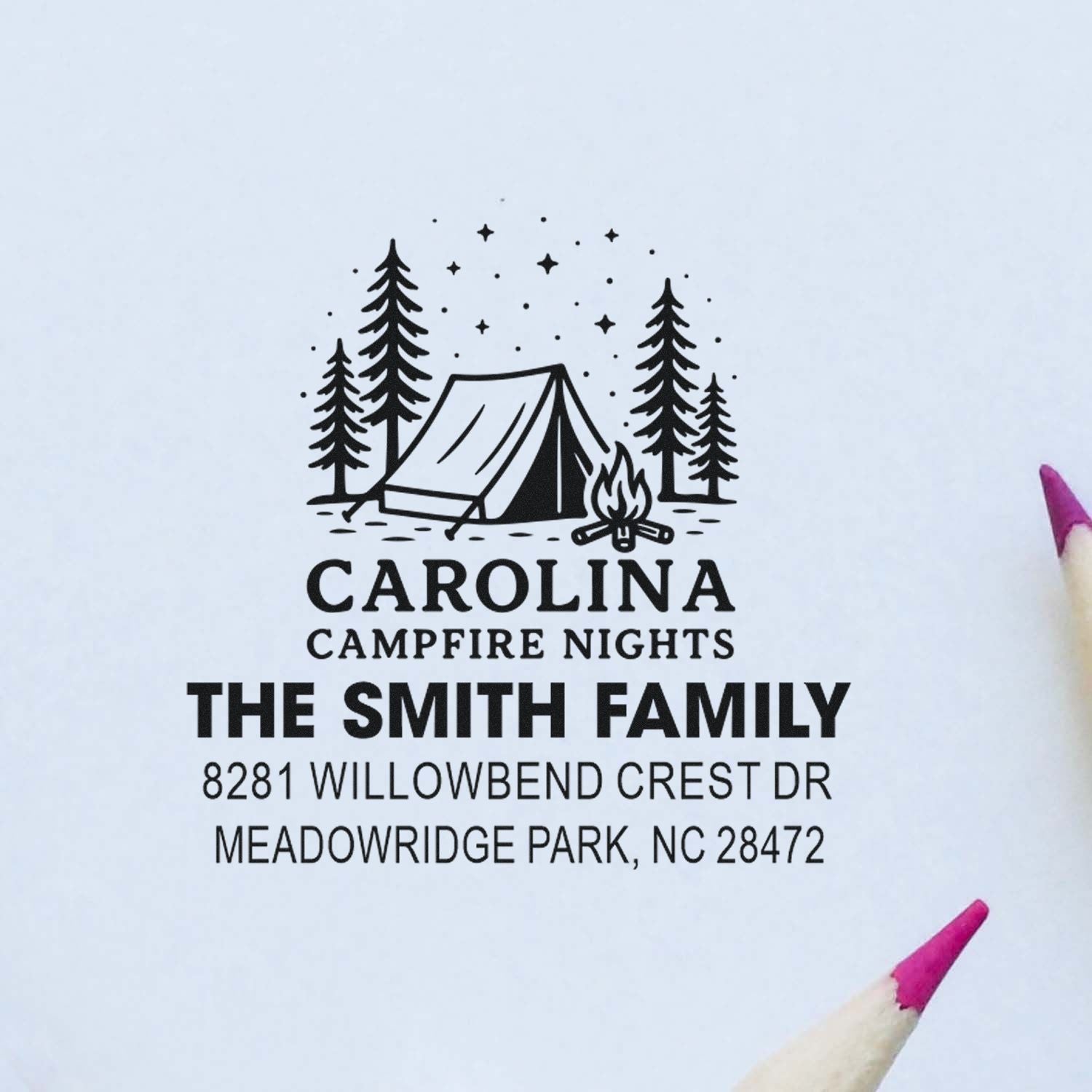 Personalized camping return address rubber stamp for The Smith Family, Carolina Campfire Nights with tent, trees and campfire