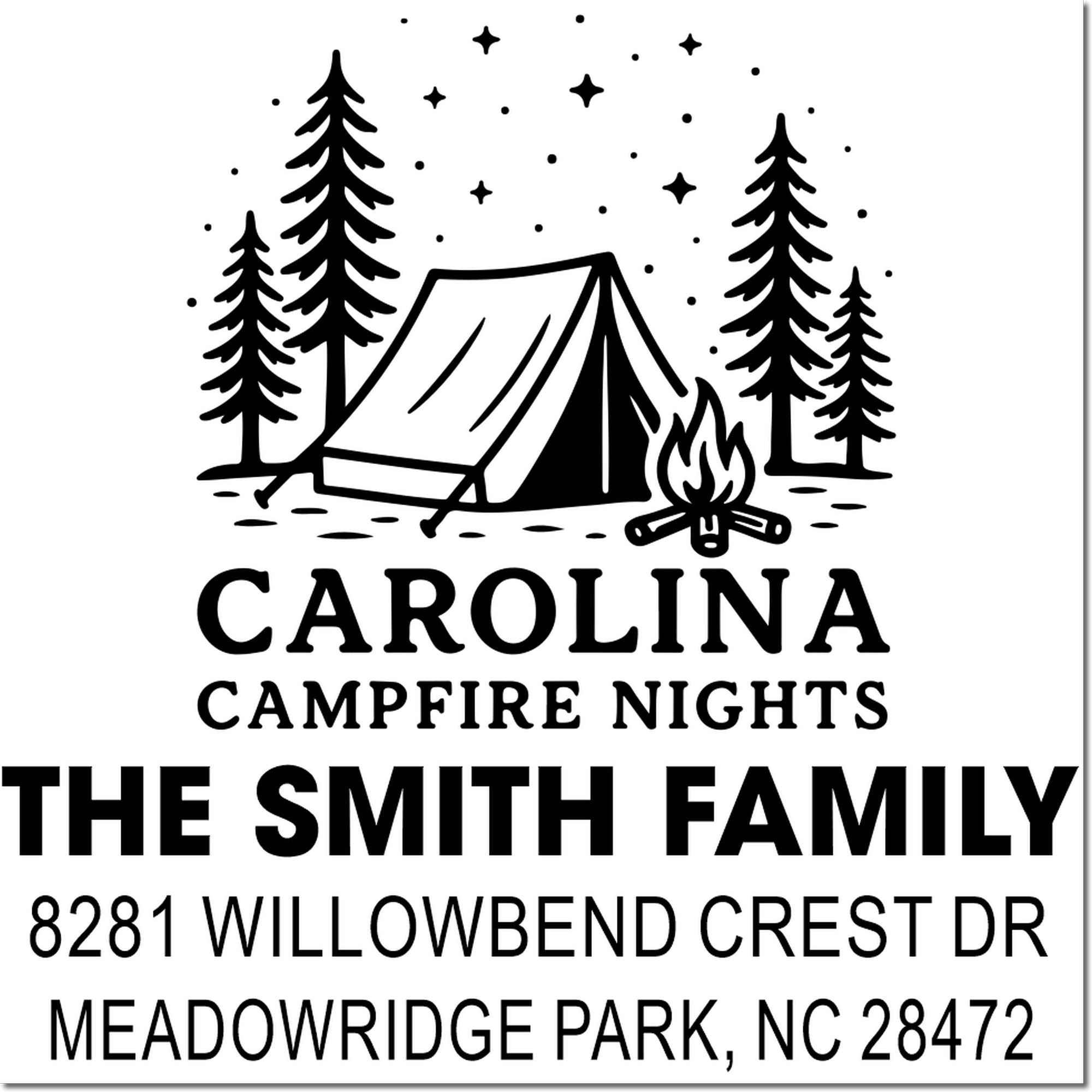 Custom camping return address rubber stamp with tent, pine trees, campfire, and The Smith Family in Meadowridge Park, NC.
