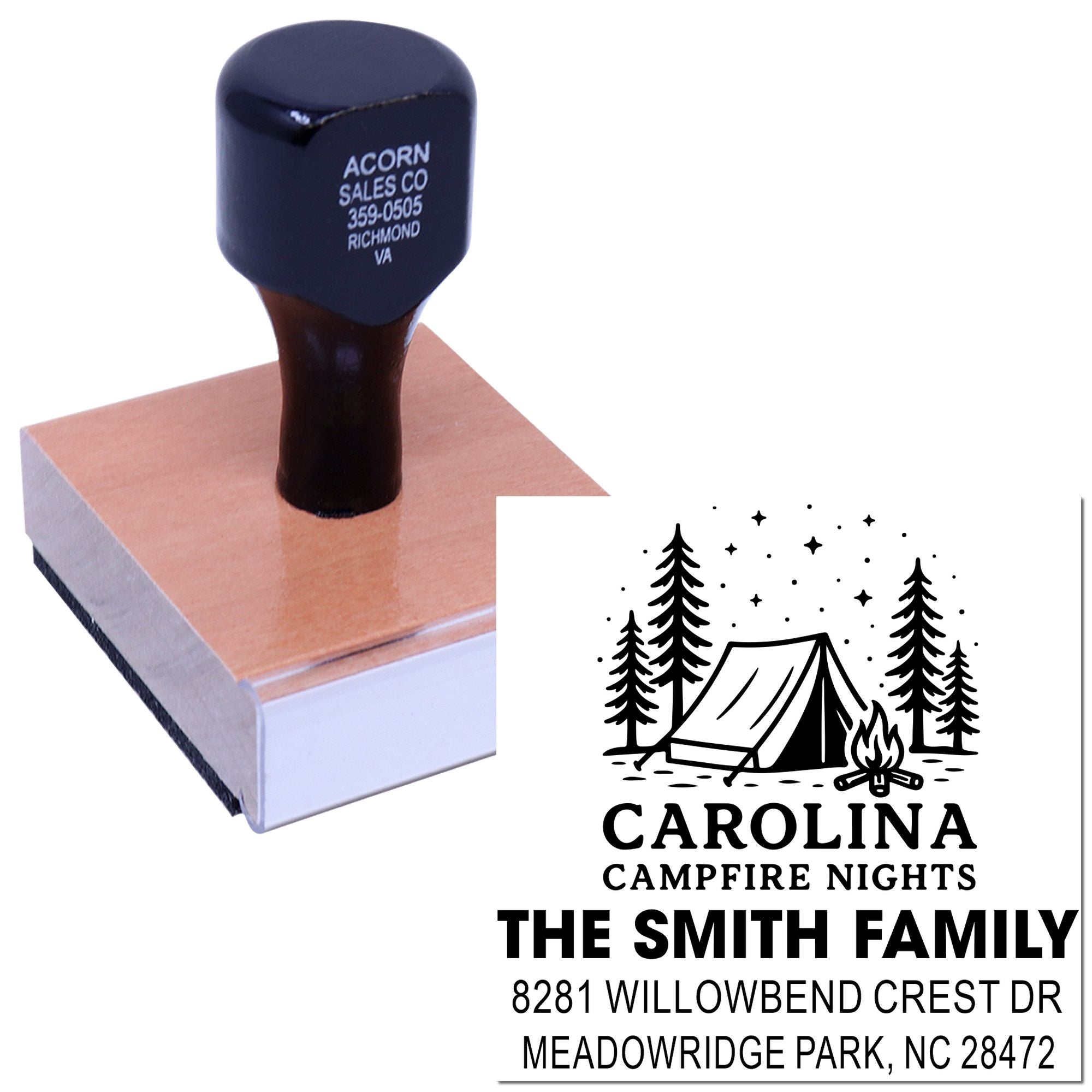 Personalized rubber stamp for The Smith Family, featuring a camping tent design and return address imprint.
