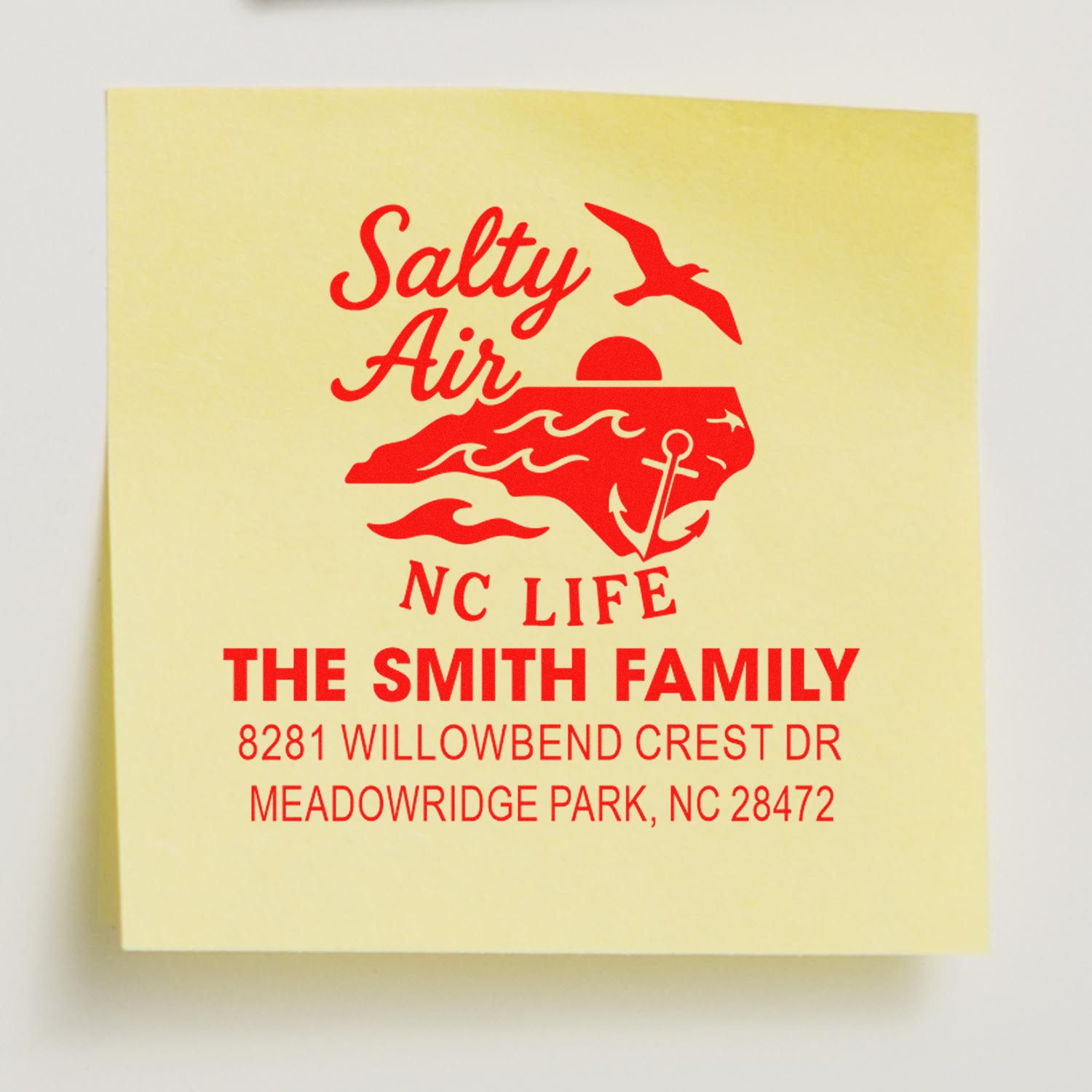 Custom coastal return address rubber stamp for The Smith Family, featuring a Salty Air NC Life design.